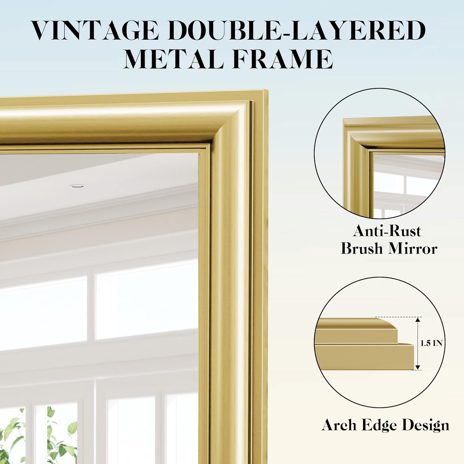 QueenFun 48x30Inch Brushed Brass Gold Bathroom Mirror for Vanity,Anti-Rust Metal Frame Mirror,Aluminum Alloy Vanity Mirror,Rectangle Tempered Glass Classical Home Decor Luxury Large Wall Mirror - Image 4