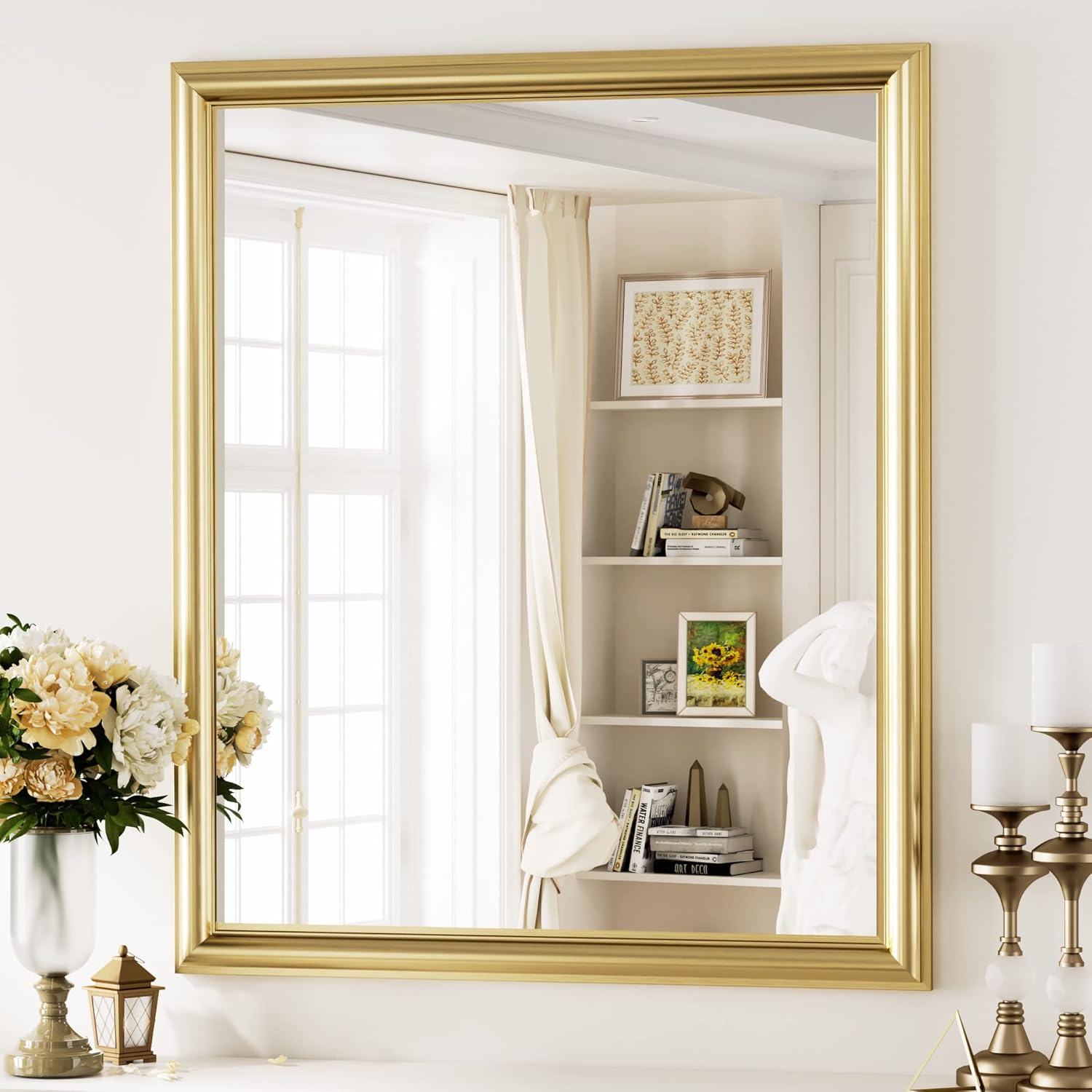 QueenFun 48x30Inch Brushed Brass Gold Bathroom Mirror for Vanity,Anti-Rust Metal Frame Mirror,Aluminum Alloy Vanity Mirror,Rectangle Tempered Glass Classical Home Decor Luxury Large Wall Mirror - Image 19