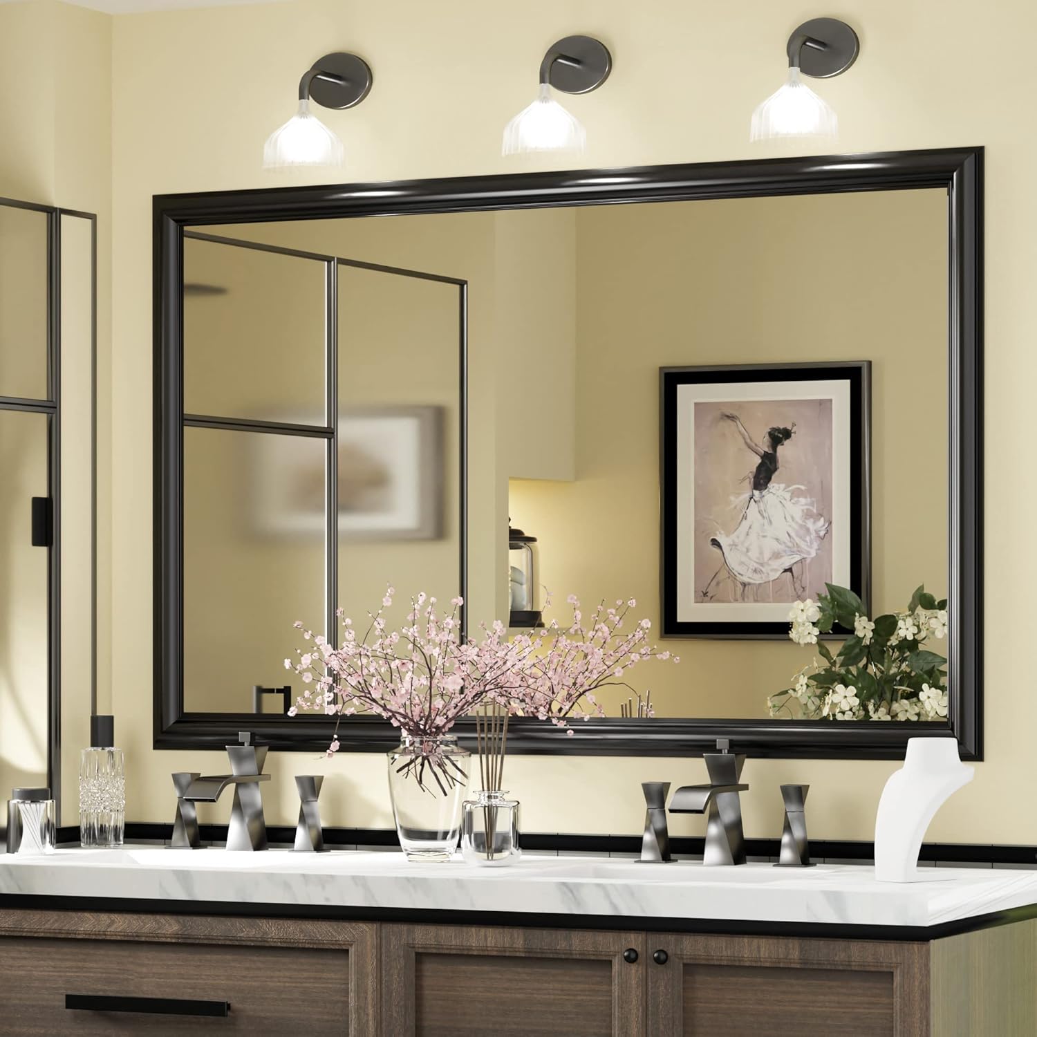 QueenFun 48x30Inch Brushed Brass Gold Bathroom Mirror for Vanity,Anti-Rust Metal Frame Mirror,Aluminum Alloy Vanity Mirror,Rectangle Tempered Glass Classical Home Decor Luxury Large Wall Mirror - Image 12
