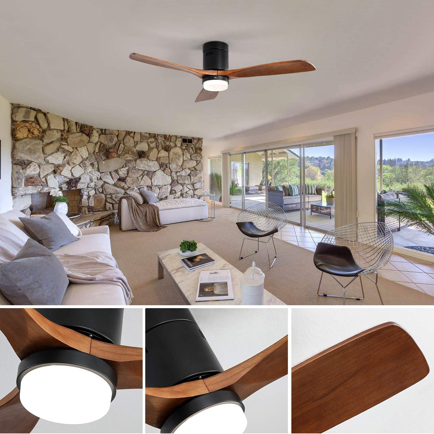 Sofucor 52 Inch Low Profile Ceiling Fan With Lights 3 Wood Fan Blade Noiseless Reversible DC Motor Remote Control Flush Mount Ceiling Fan With Light for Farmhouse Modern Style Contemporary Decor - Image 2