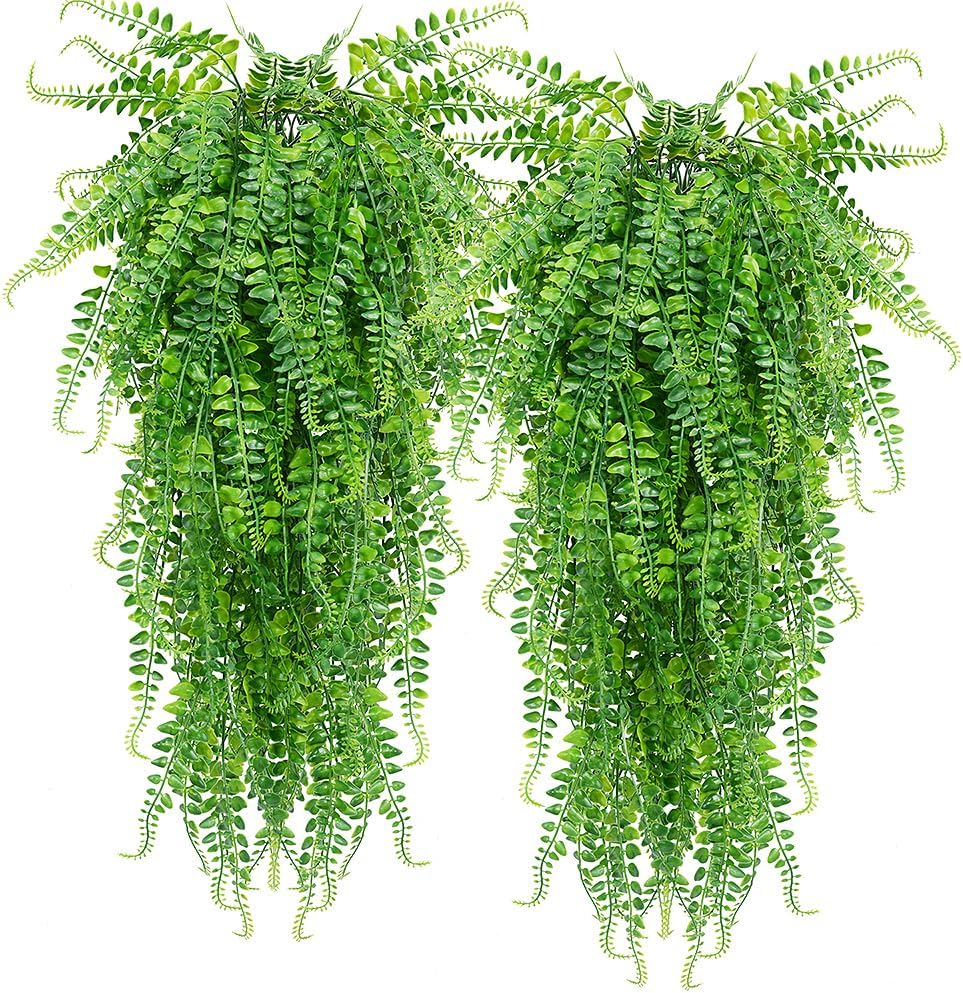 SzJias Artificial Hanging Plants Ferns Faux Fake Plants for Patio Porch Outdoor Decor (2 Pcs)