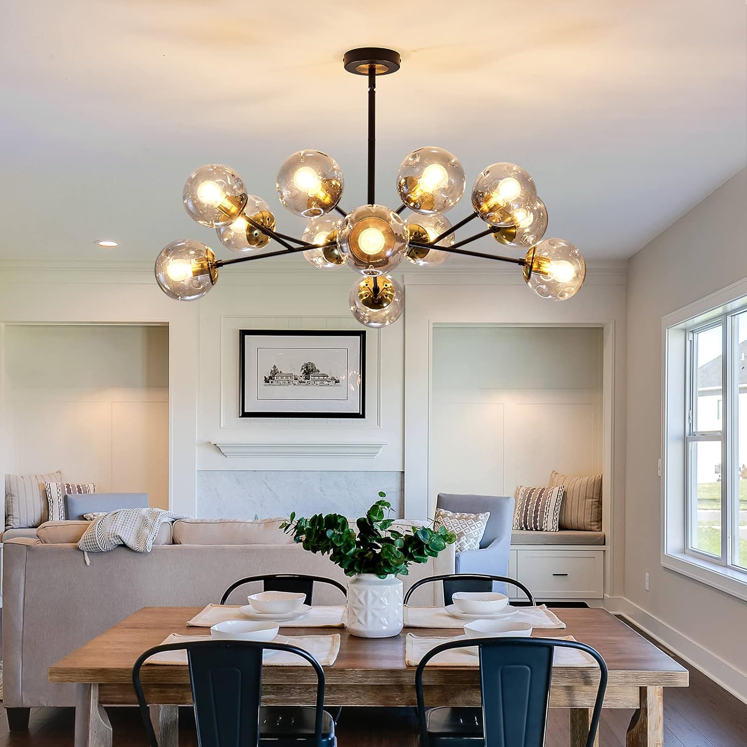 SZXYKEJI 12-Light Glass Chandelier，Large Chandeliers for High Ceilings， Rustic Ceiling Lighting Fixture Pendent Light for Kitchen Dining Room Living Room Bedroom Office （Black）. - Image 9