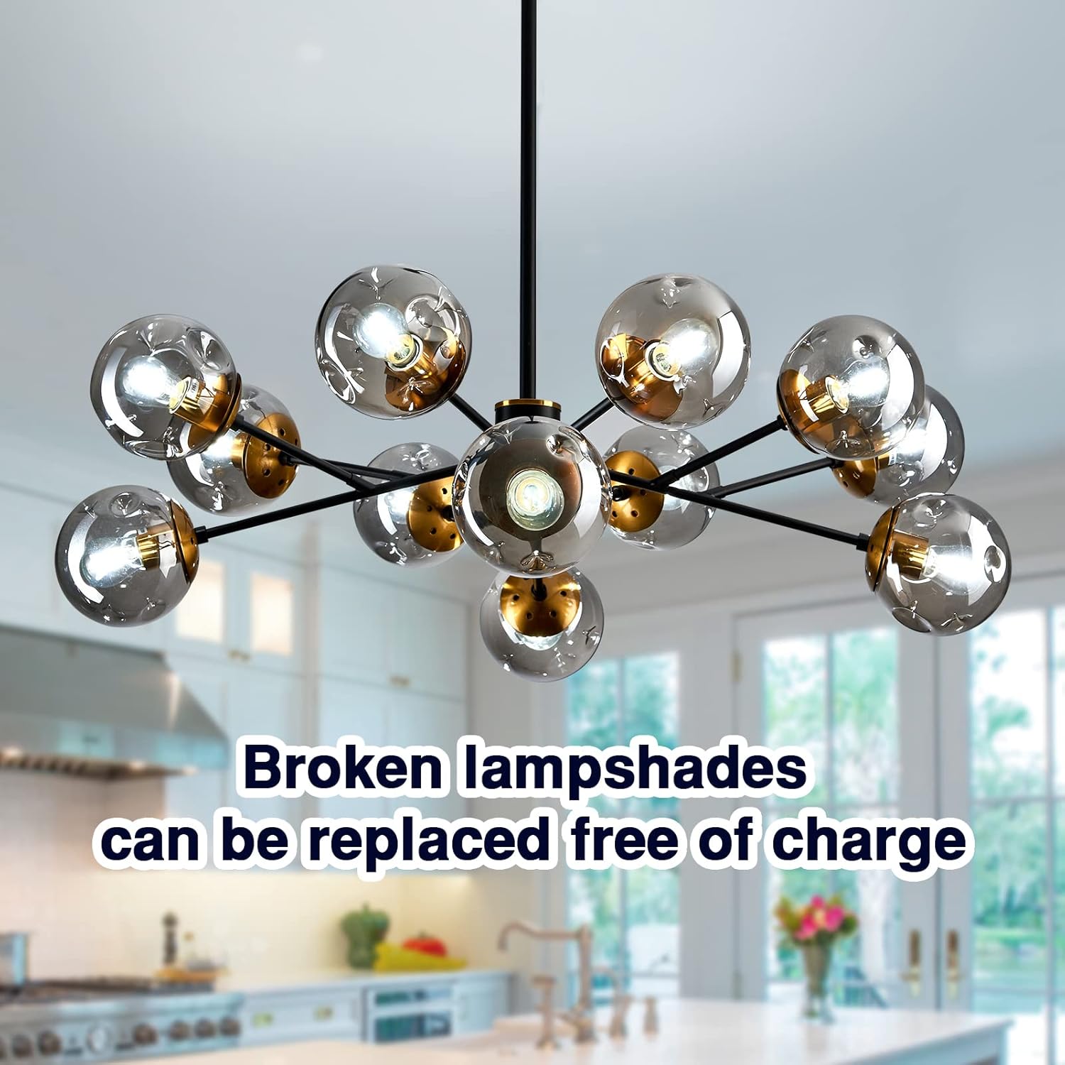 SZXYKEJI 12-Light Glass Chandelier，Large Chandeliers for High Ceilings， Rustic Ceiling Lighting Fixture Pendent Light for Kitchen Dining Room Living Room Bedroom Office （Black）. - Image 5