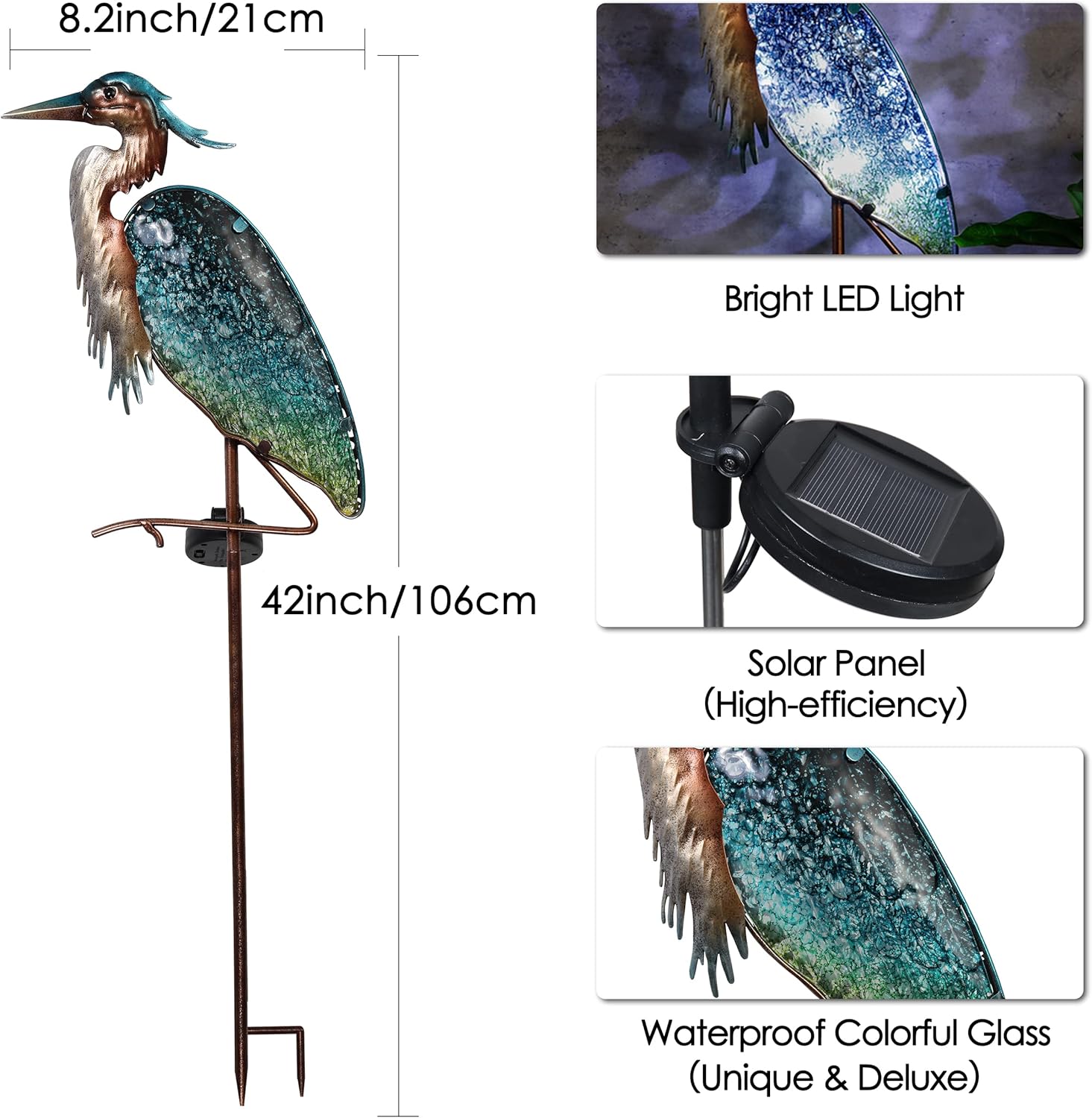 TERESA'S COLLECTIONS Garden Decor for Outside Blue Heron Solar Lights, 42 Inch Glass Lawn Ornaments with Outdoor Lights Decorative Stake, Landscape Pathway Yard Art for Patio Decorations - Image 4