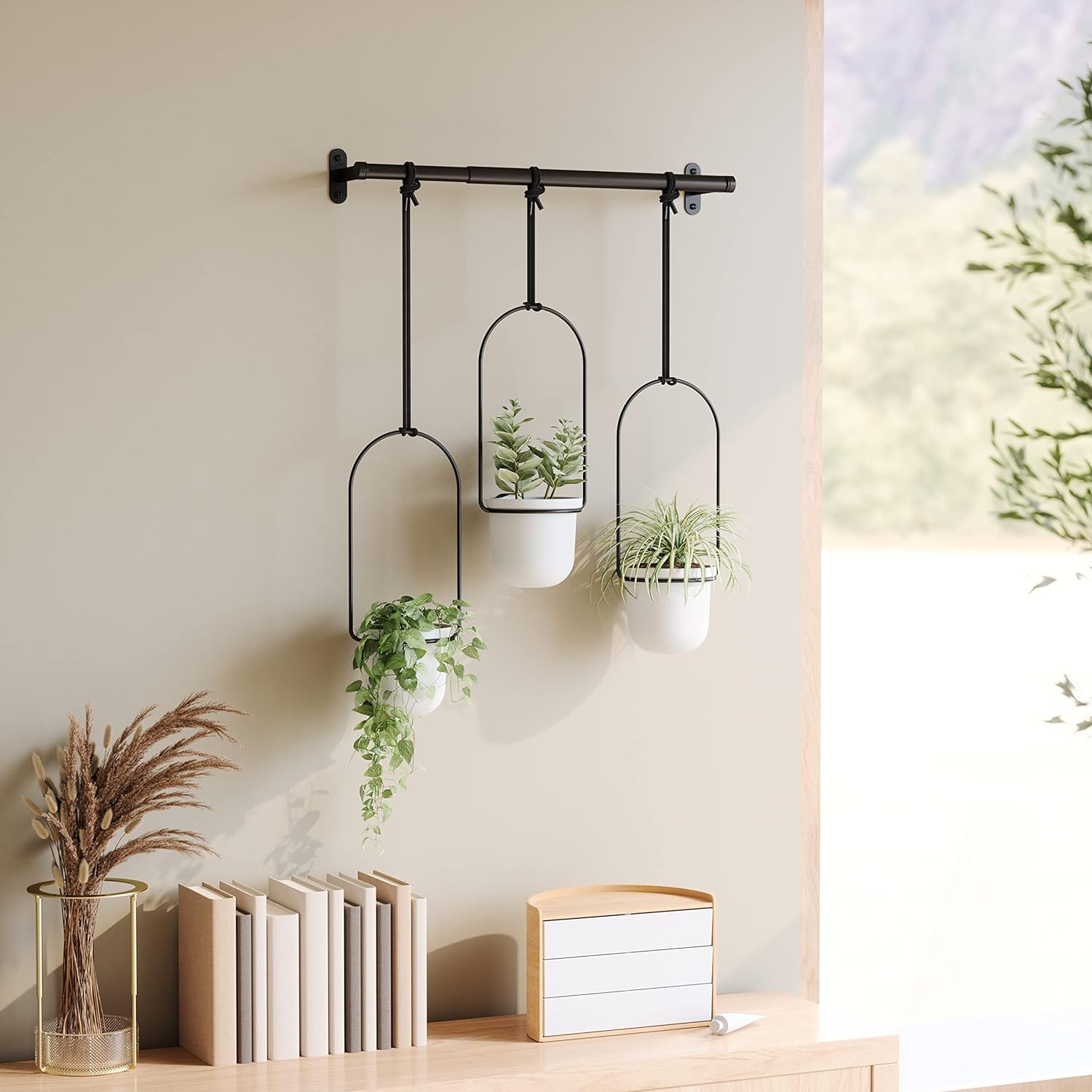Umbra Triflora Hanging Planter for Window, Indoor Herb Garden, White\/Black, Triple - Image 3