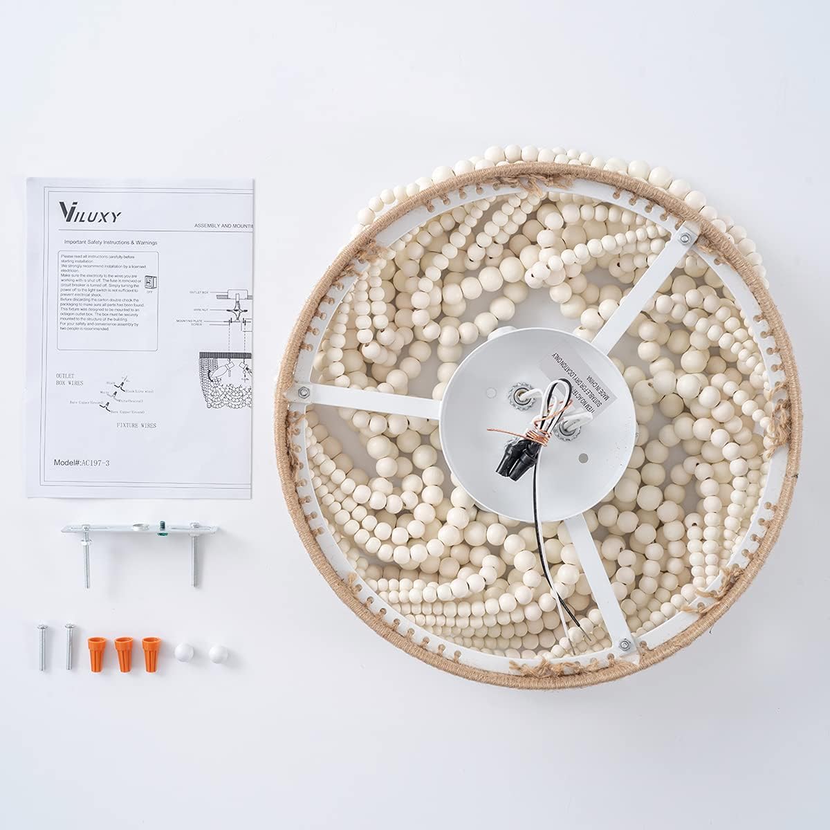 VILUXY Bohemia Wood Beaded Flush Mount Ceiling Light Antique Rustic Mini Chandelier White Finishing for Bedroom,Nursery Room, Girl Room, Hallway, Entryway, Passway, Dining Room, 3-Light - Image 9