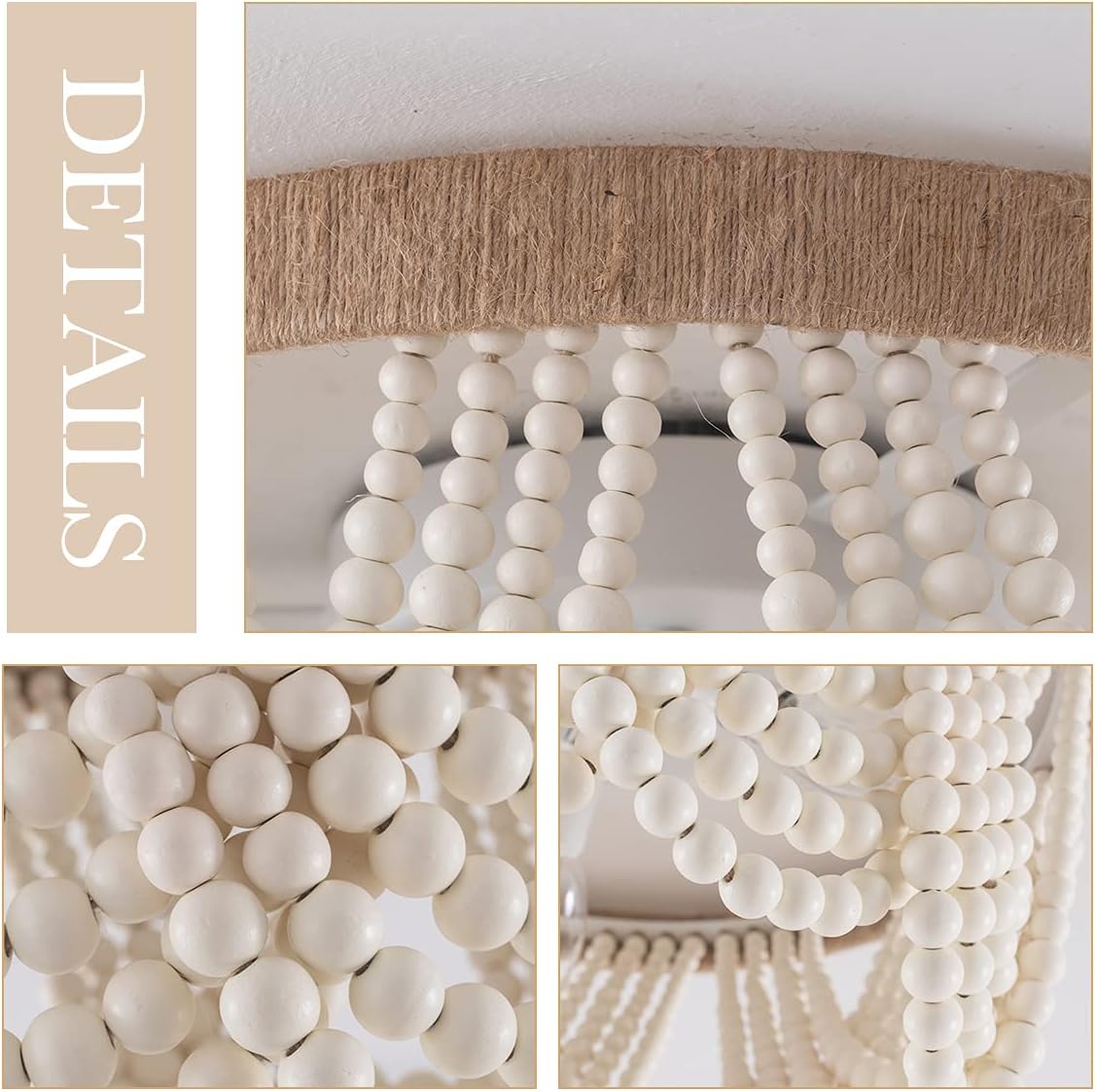 VILUXY Bohemia Wood Beaded Flush Mount Ceiling Light Antique Rustic Mini Chandelier White Finishing for Bedroom,Nursery Room, Girl Room, Hallway, Entryway, Passway, Dining Room, 3-Light - Image 5