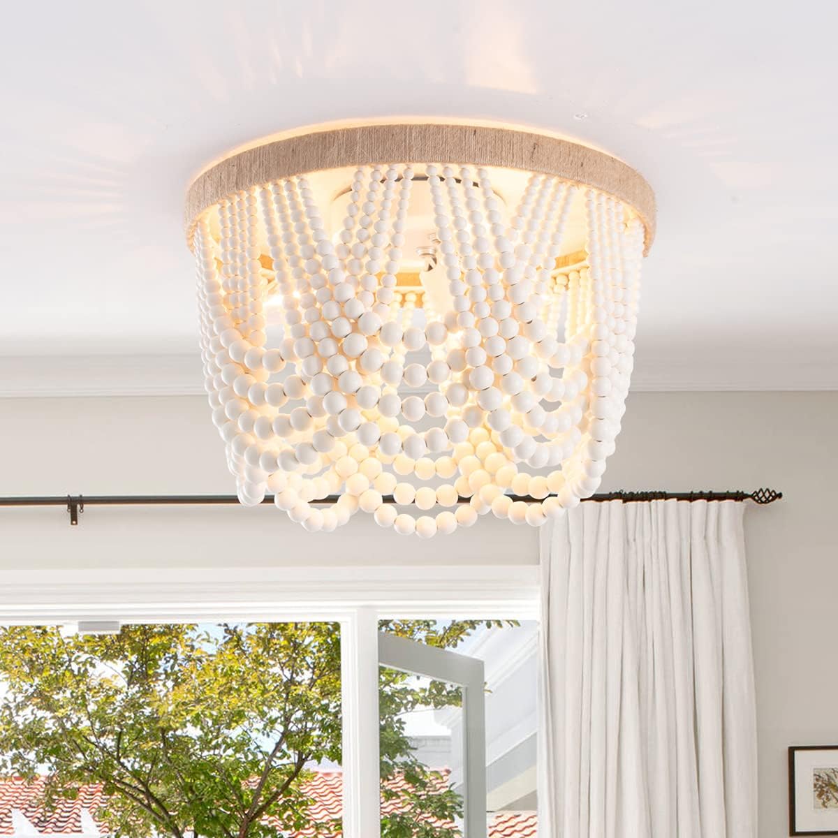 VILUXY Bohemia Wood Beaded Flush Mount Ceiling Light Antique Rustic Mini Chandelier White Finishing for Bedroom,Nursery Room, Girl Room, Hallway, Entryway, Passway, Dining Room, 3-Light - Image 2