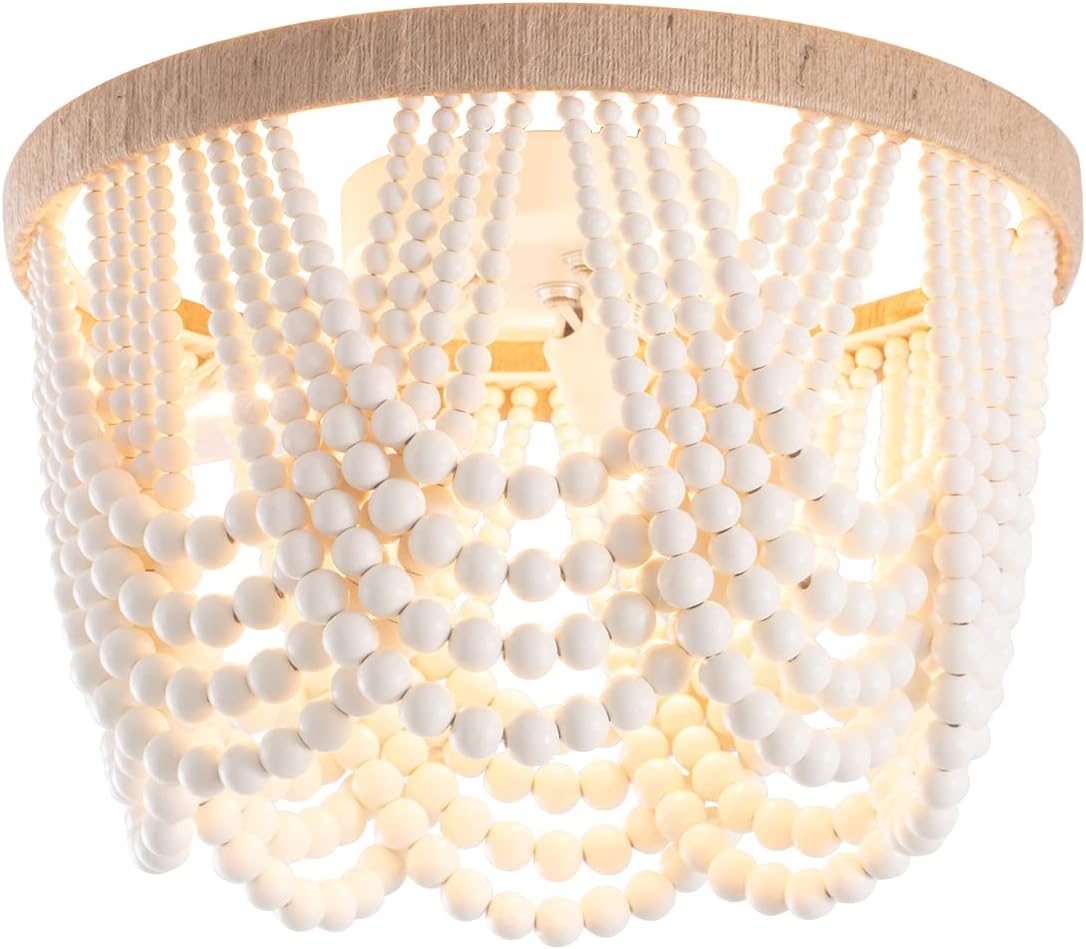 VILUXY Bohemia Wood Beaded Flush Mount Ceiling Light Antique Rustic Mini Chandelier White Finishing for Bedroom,Nursery Room, Girl Room, Hallway, Entryway, Passway, Dining Room, 3-Light