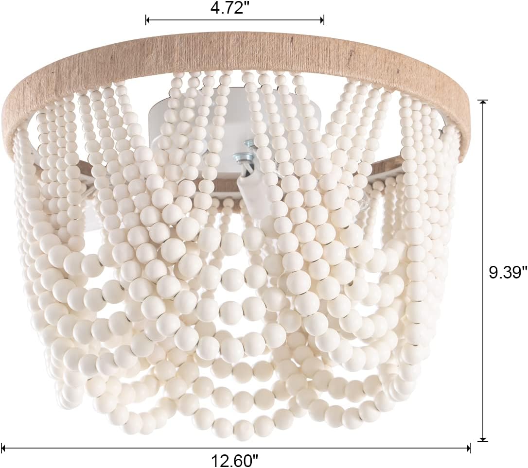 VILUXY Bohemia Wood Beaded Flush Mount Ceiling Light Antique Rustic Mini Chandelier White Finishing for Bedroom,Nursery Room, Girl Room, Hallway, Entryway, Passway, Dining Room, 3-Light - Image 6