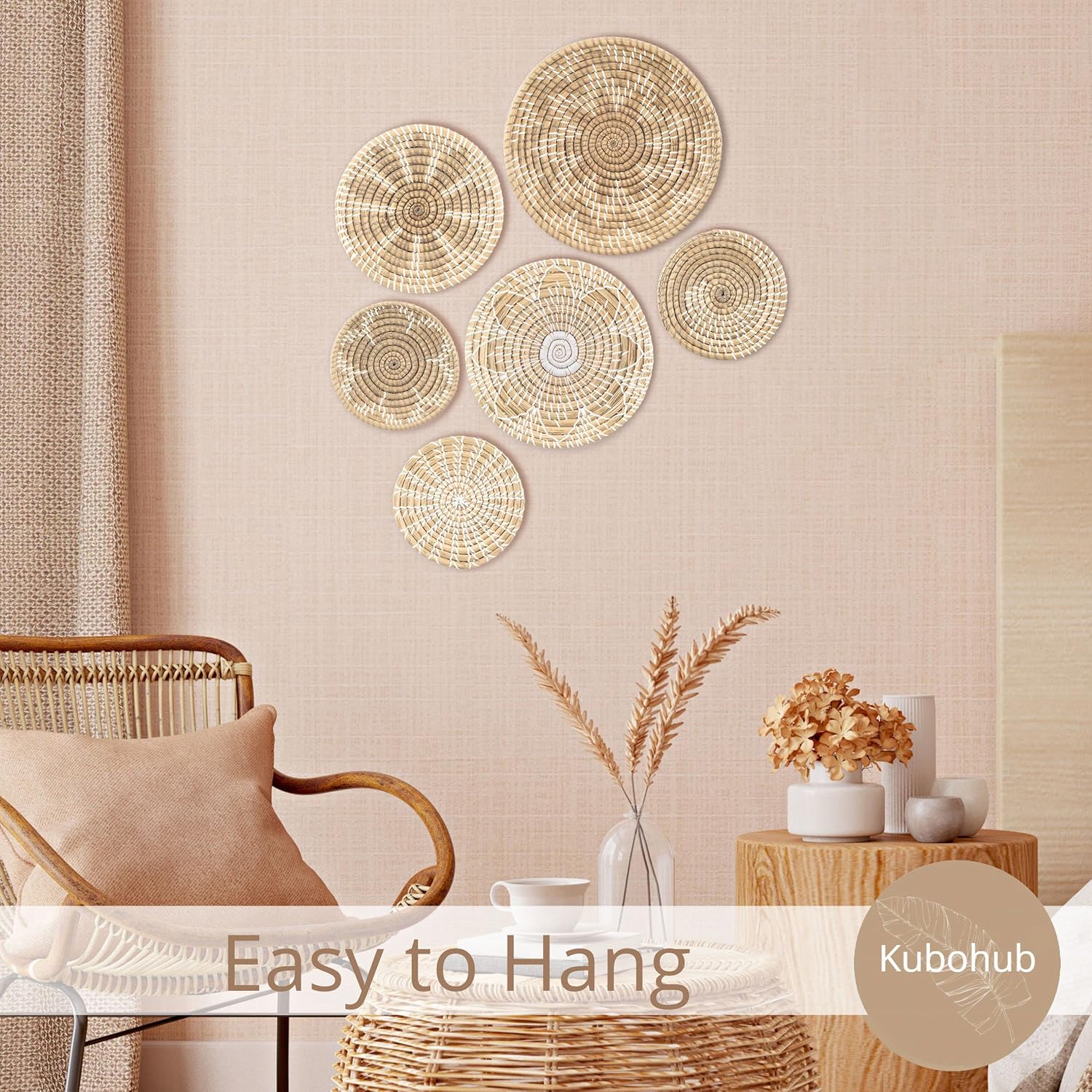 Wall Basket Decor Boho Set of 6 - Handcrafted Seagrass Hanging Woven Wall Baskets for Coastal, Farmhouse, Boho Wall Decor - Unique Wicker Wall Art Decor - Image 6