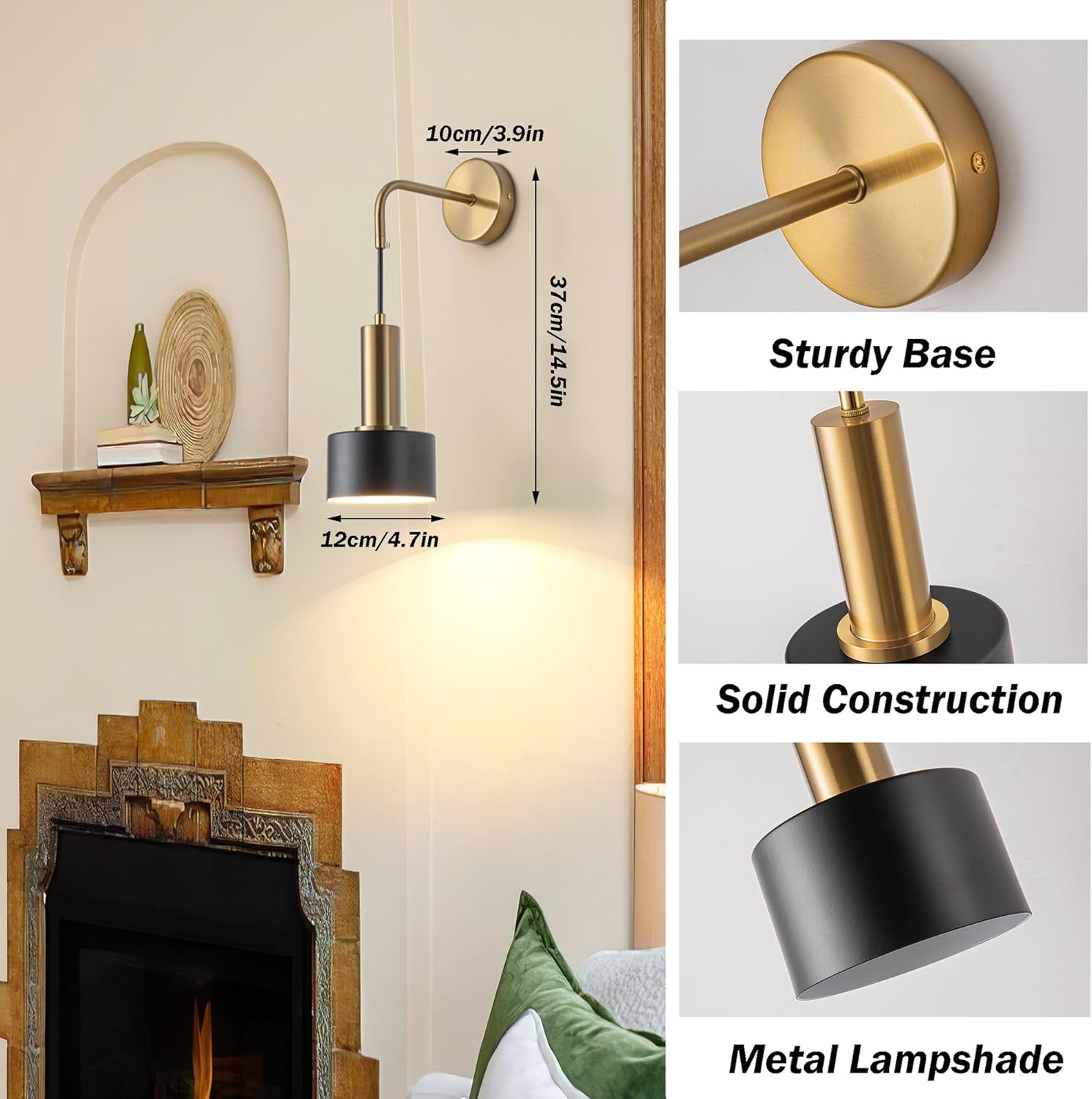 Wall Scones Sets of 2 Battery Operated Wall Lights Wireless Remote Control Mid Century Modern Decor Gold Sconces Wall Lighting Indoor Wall Lamps for Living Room Bathroom Black Vanity Light Fixture - Image 7