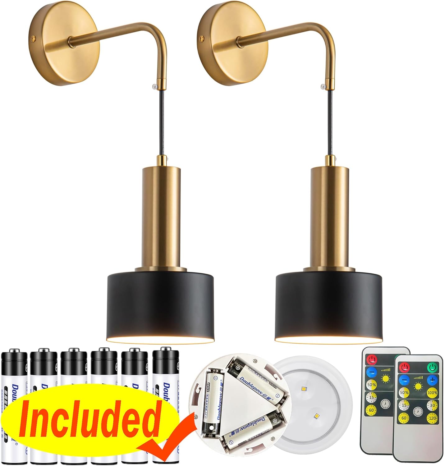 Wall Scones Sets of 2 Battery Operated Wall Lights Wireless Remote Control Mid Century Modern Decor Gold Sconces Wall Lighting Indoor Wall Lamps for Living Room Bathroom Black Vanity Light Fixture