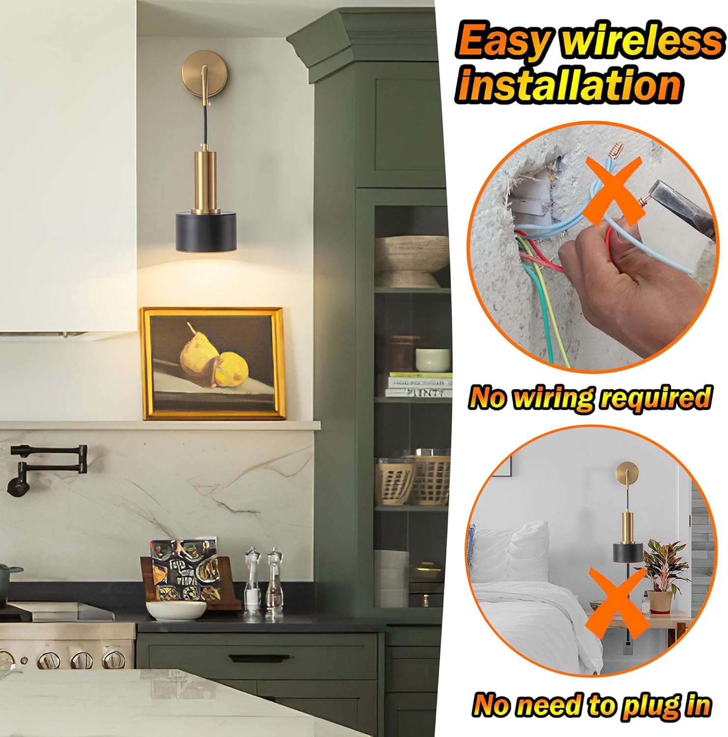 Wall Scones Sets of 2 Battery Operated Wall Lights Wireless Remote Control Mid Century Modern Decor Gold Sconces Wall Lighting Indoor Wall Lamps for Living Room Bathroom Black Vanity Light Fixture - Image 3
