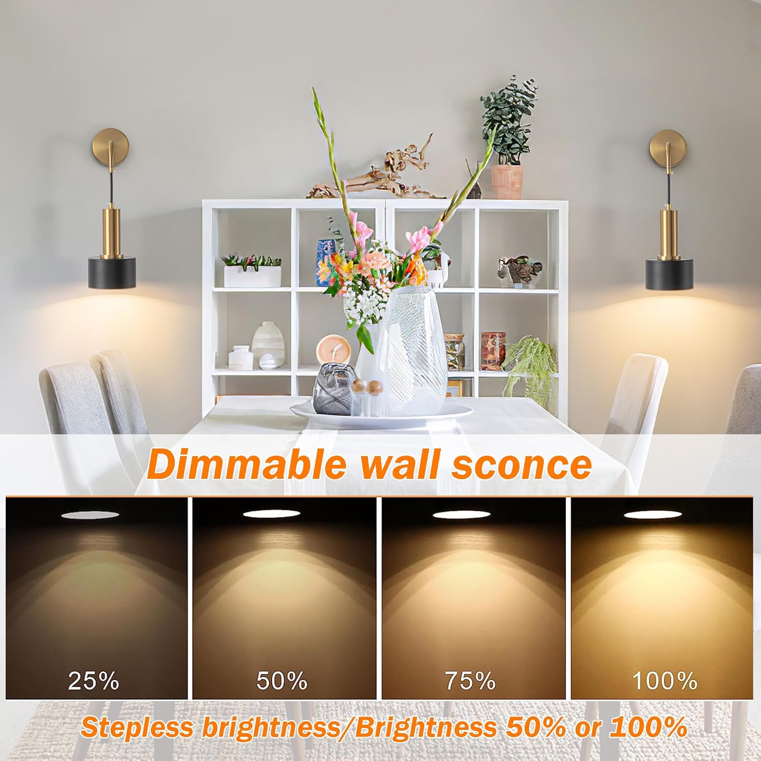 Wall Scones Sets of 2 Battery Operated Wall Lights Wireless Remote Control Mid Century Modern Decor Gold Sconces Wall Lighting Indoor Wall Lamps for Living Room Bathroom Black Vanity Light Fixture - Image 4