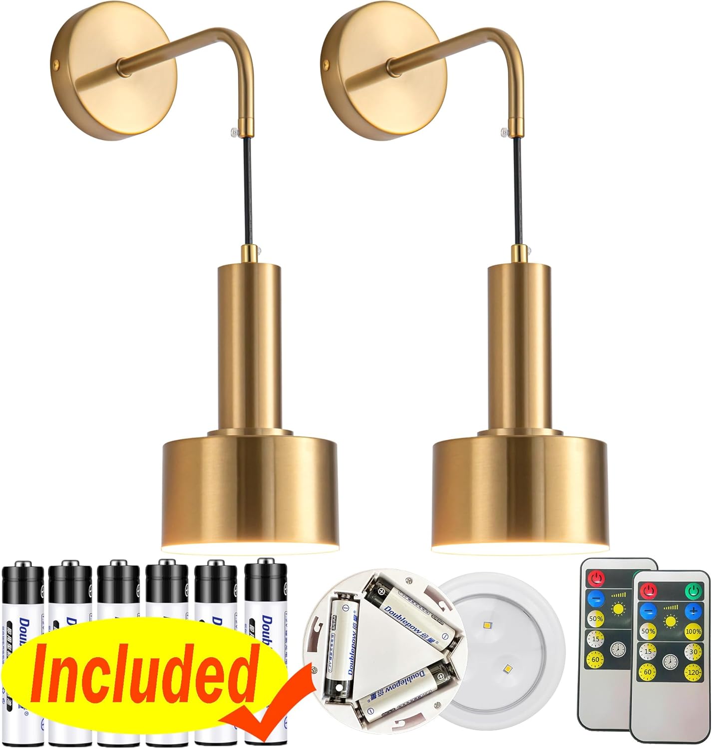 Wall Scones Sets of 2 Battery Operated Wall Lights Wireless Remote Control Mid Century Modern Decor Gold Sconces Wall Lighting Indoor Wall Lamps for Living Room Bathroom Black Vanity Light Fixture - Image 8