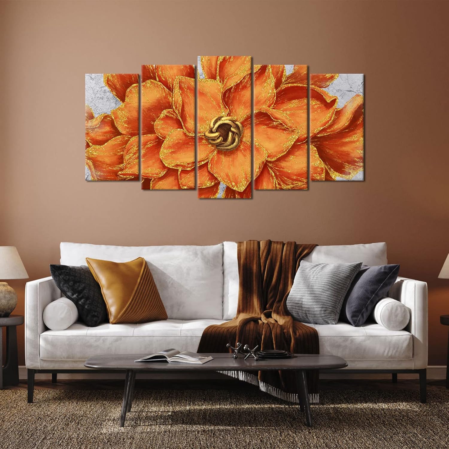 WELMECO 5 Panels Gold Orange Flower Painting Canvas Prints Close-up of Floral Picture Artwork Ready to Hang for Living Room Bedroom Wall Decoration - Image 2