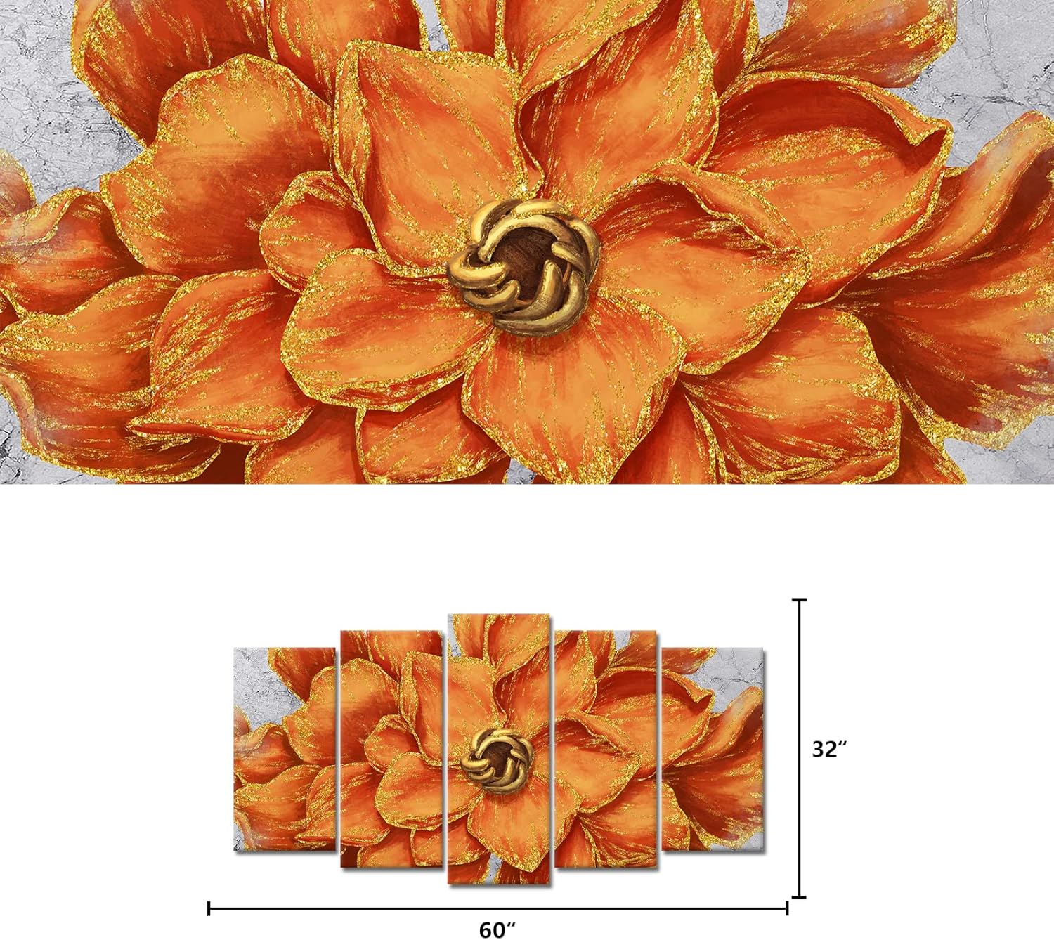 WELMECO 5 Panels Gold Orange Flower Painting Canvas Prints Close-up of Floral Picture Artwork Ready to Hang for Living Room Bedroom Wall Decoration - Image 5