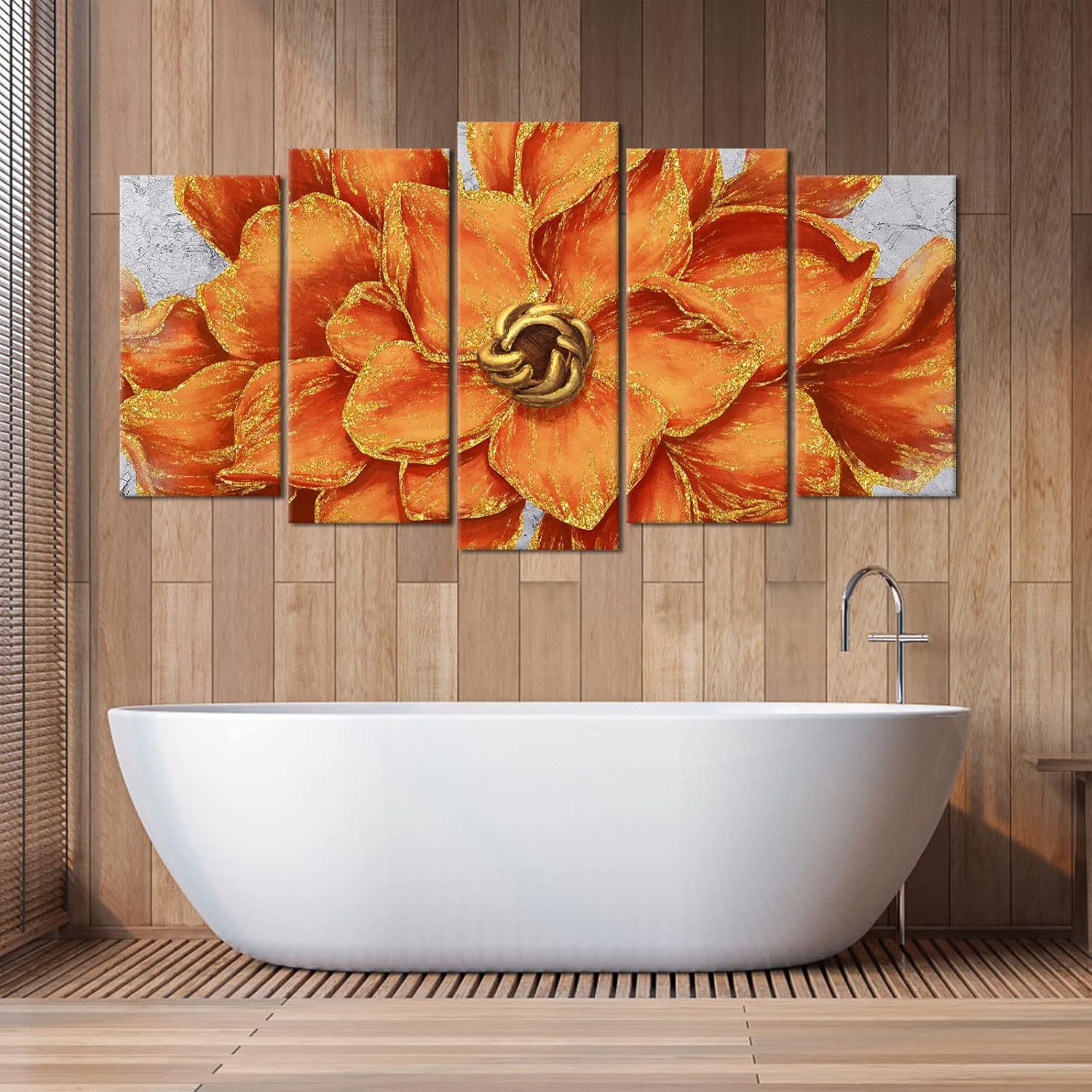 WELMECO 5 Panels Gold Orange Flower Painting Canvas Prints Close-up of Floral Picture Artwork Ready to Hang for Living Room Bedroom Wall Decoration - Image 4