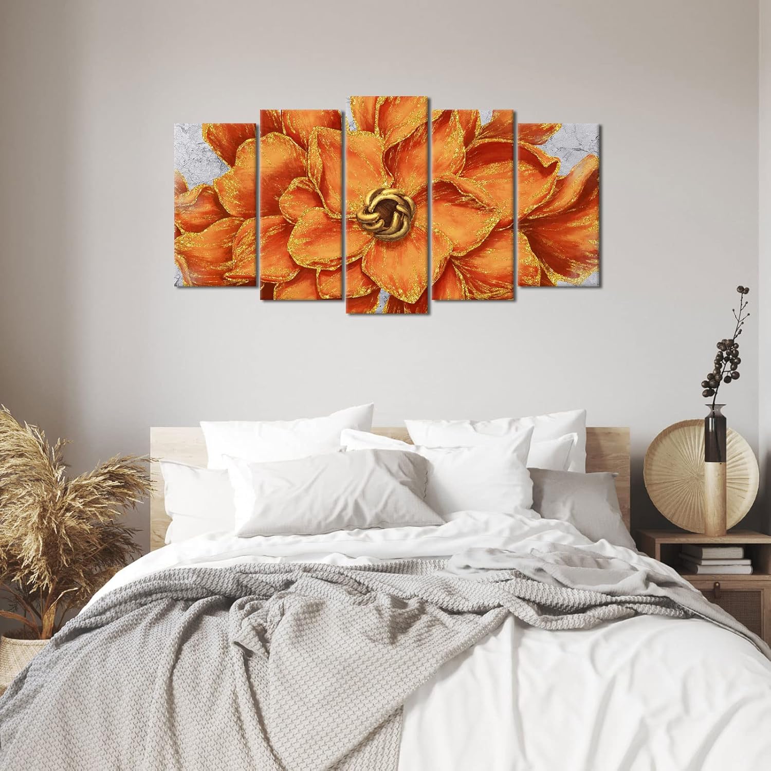 WELMECO 5 Panels Gold Orange Flower Painting Canvas Prints Close-up of Floral Picture Artwork Ready to Hang for Living Room Bedroom Wall Decoration - Image 3