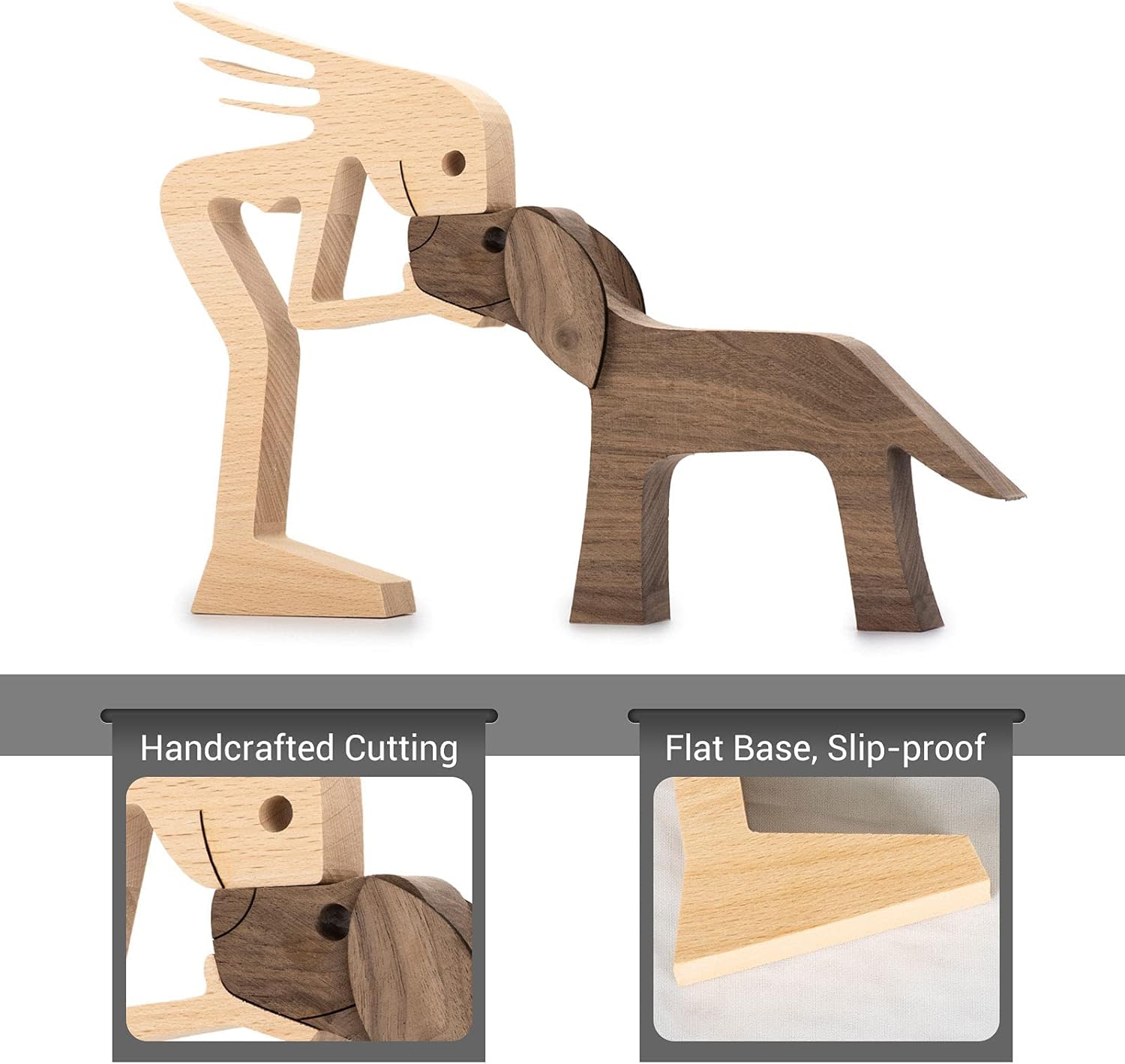 Wooden Sculptures Handmade Accents Craft Figurine for Home Decor Accents, Woman and Dog Wooden Statue, Animal Sculptures Collection, Gift for Men Women Natural ECO Friendly Large Size 10x6x0.8 inches - Image 3