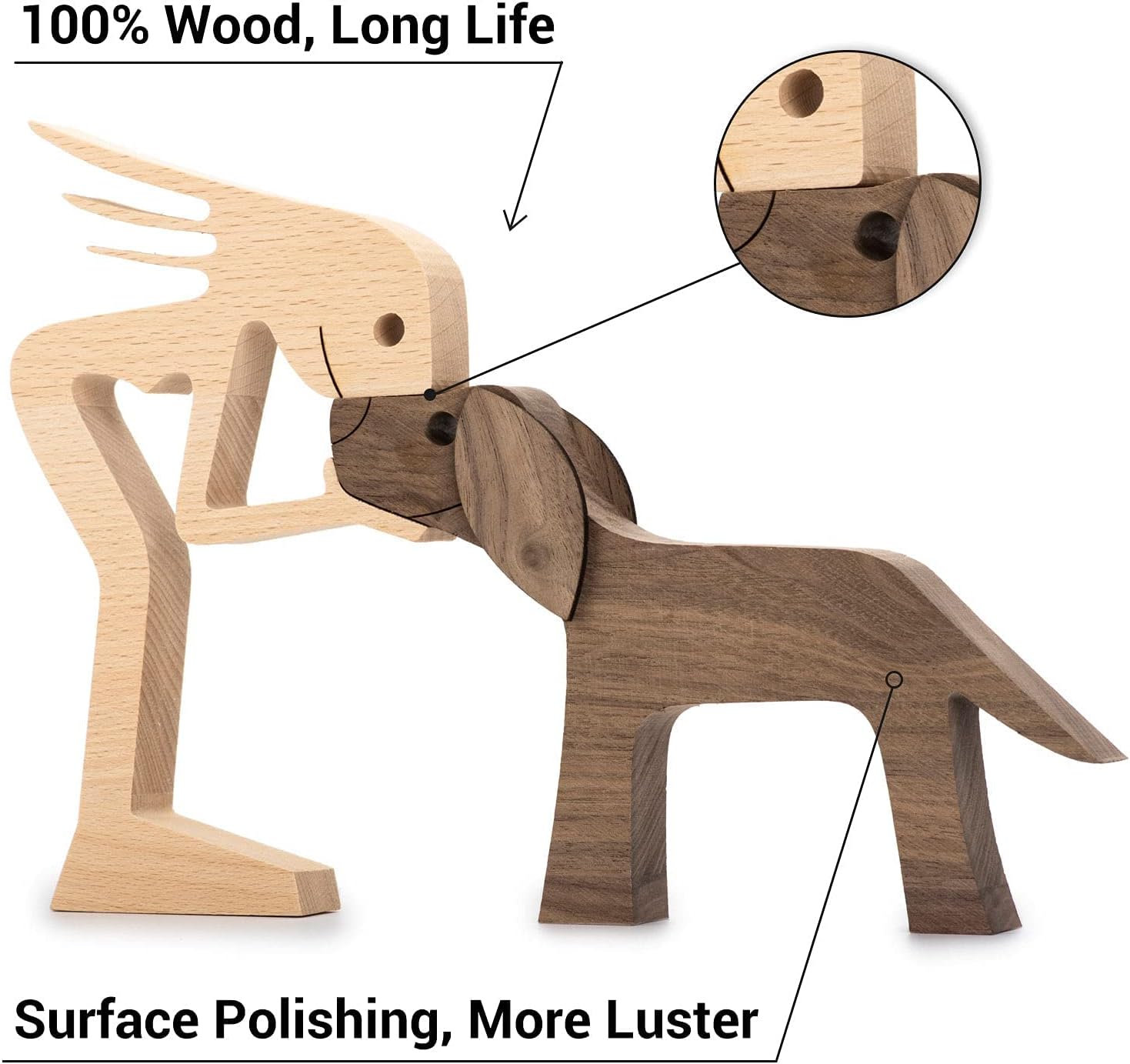 Wooden Sculptures Handmade Accents Craft Figurine for Home Decor Accents, Woman and Dog Wooden Statue, Animal Sculptures Collection, Gift for Men Women Natural ECO Friendly Large Size 10x6x0.8 inches - Image 5
