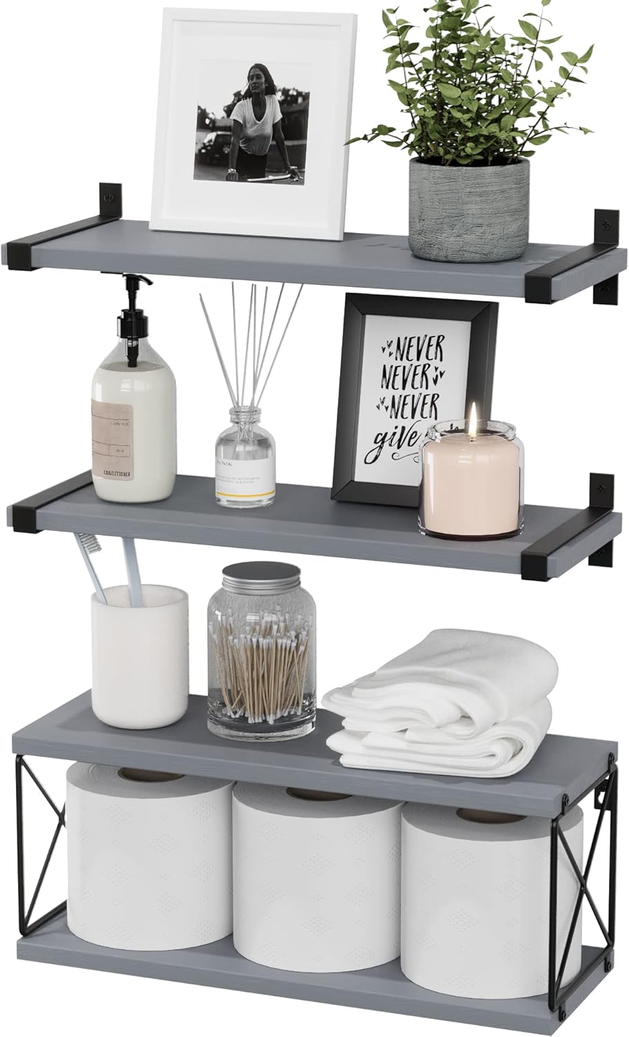 WOPITUES Floating Shelves Wall Mounted, Wood Bathroom Shelves with Extra Storage Shelf, Rustic Wall Shelves for Bathroom, Bedroom, Kitchen, Living Room, Plants - Black - Image 11