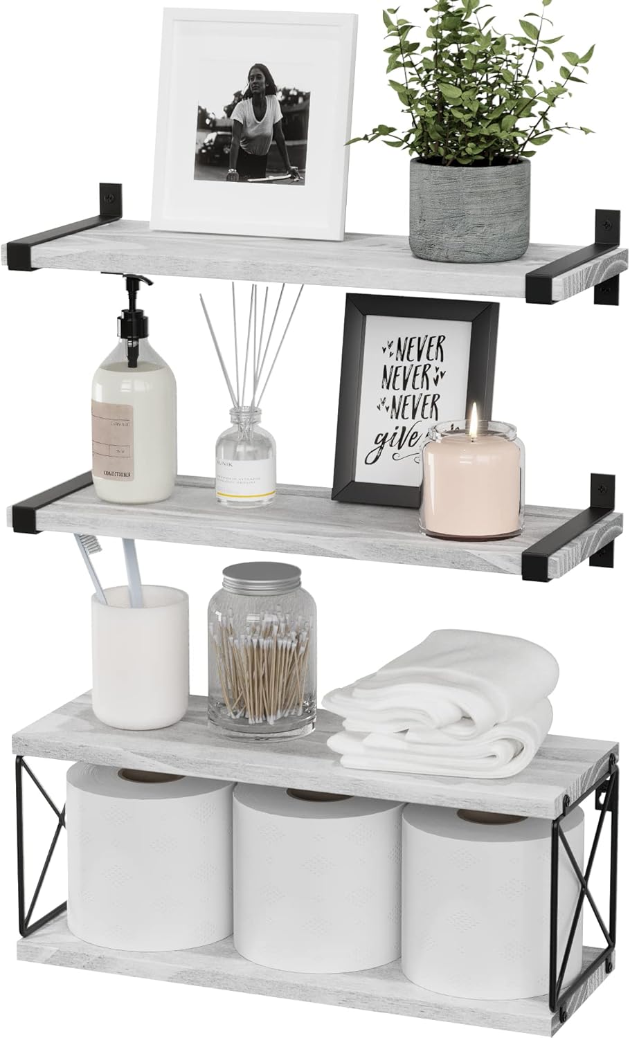 WOPITUES Floating Shelves Wall Mounted, Wood Bathroom Shelves with Extra Storage Shelf, Rustic Wall Shelves for Bathroom, Bedroom, Kitchen, Living Room, Plants - Black - Image 10