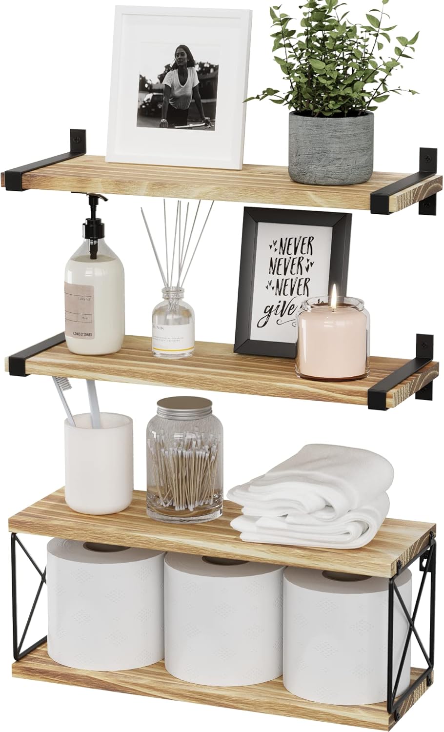 WOPITUES Floating Shelves Wall Mounted, Wood Bathroom Shelves with Extra Storage Shelf, Rustic Wall Shelves for Bathroom, Bedroom, Kitchen, Living Room, Plants - Black - Image 13