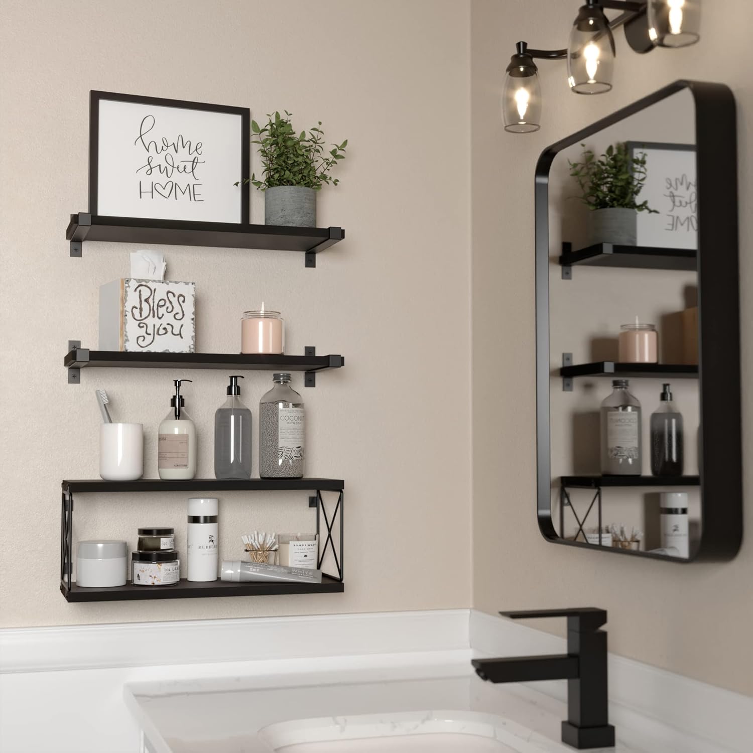 WOPITUES Floating Shelves Wall Mounted, Wood Bathroom Shelves with Extra Storage Shelf, Rustic Wall Shelves for Bathroom, Bedroom, Kitchen, Living Room, Plants - Black - Image 2