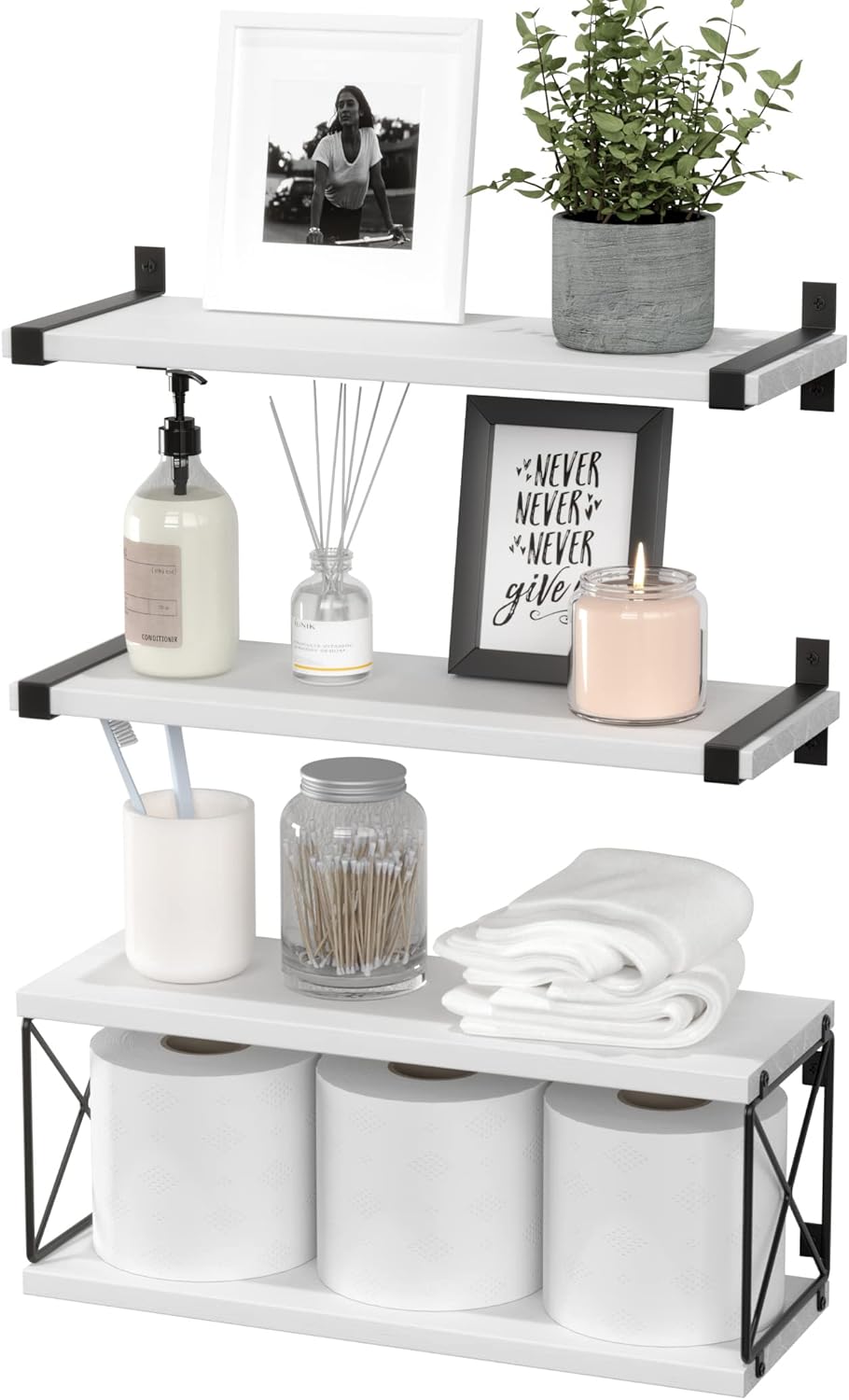 WOPITUES Floating Shelves Wall Mounted, Wood Bathroom Shelves with Extra Storage Shelf, Rustic Wall Shelves for Bathroom, Bedroom, Kitchen, Living Room, Plants - Black - Image 8