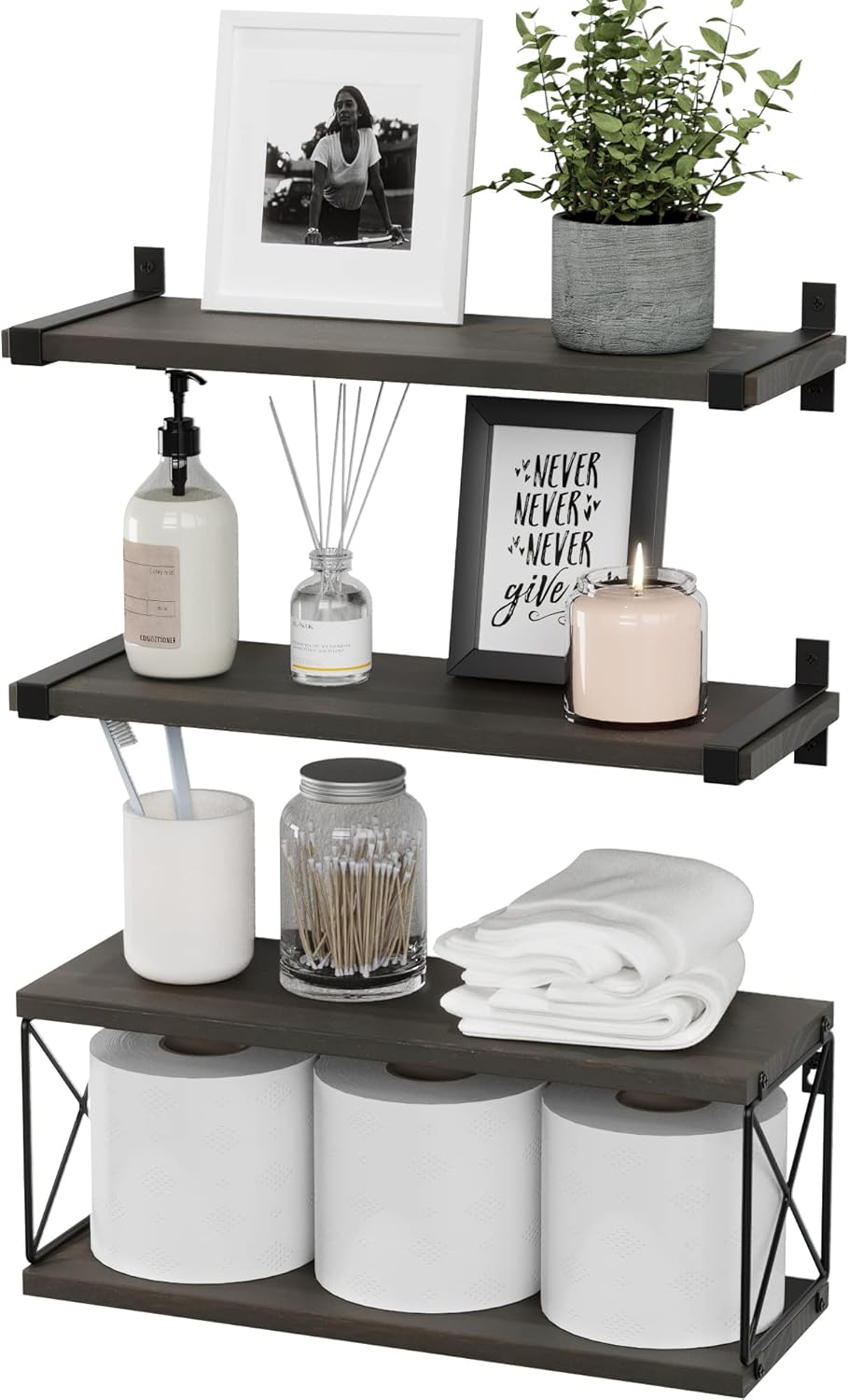 WOPITUES Floating Shelves Wall Mounted, Wood Bathroom Shelves with Extra Storage Shelf, Rustic Wall Shelves for Bathroom, Bedroom, Kitchen, Living Room, Plants - Black - Image 12