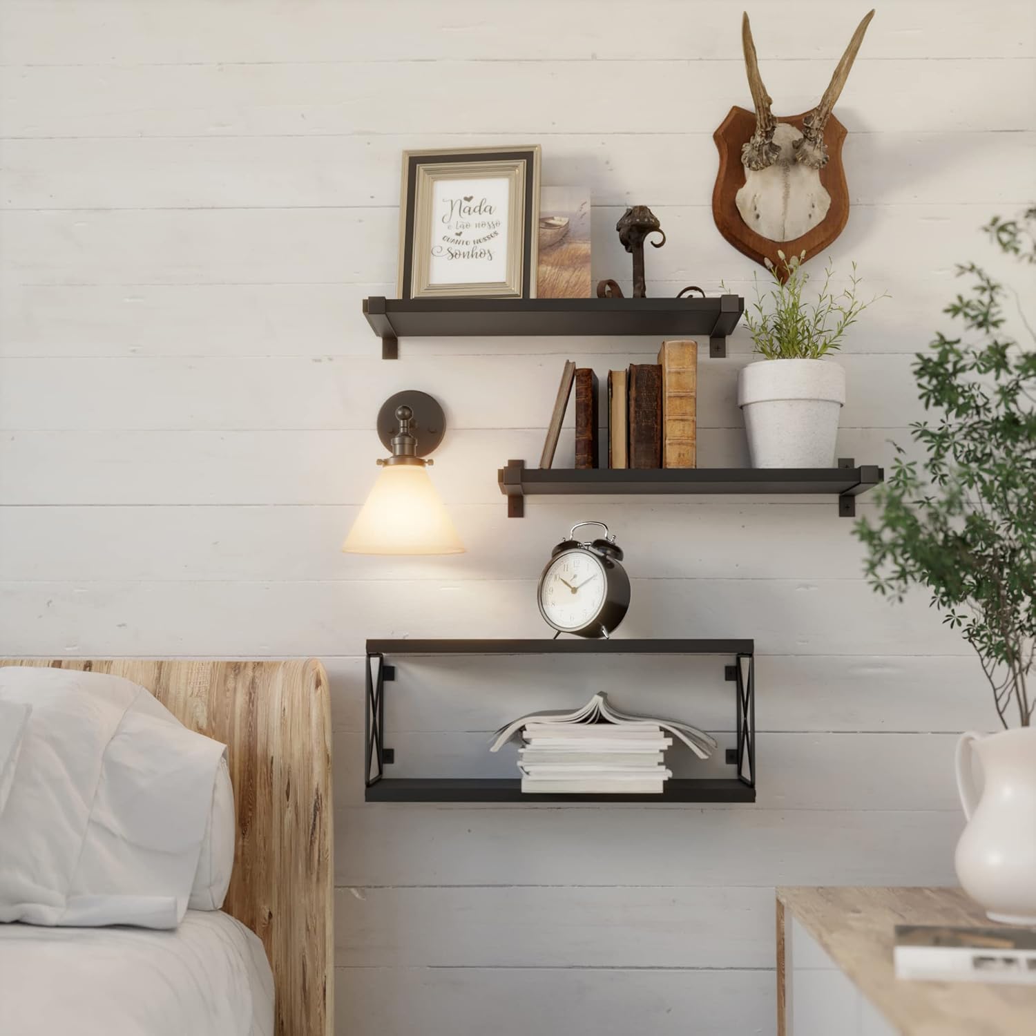 WOPITUES Floating Shelves Wall Mounted, Wood Bathroom Shelves with Extra Storage Shelf, Rustic Wall Shelves for Bathroom, Bedroom, Kitchen, Living Room, Plants - Black - Image 6