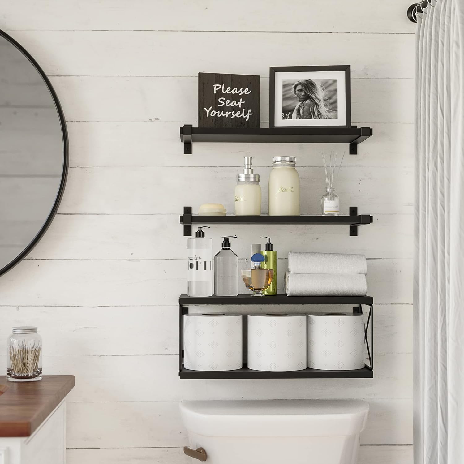 WOPITUES Floating Shelves Wall Mounted, Wood Bathroom Shelves with Extra Storage Shelf, Rustic Wall Shelves for Bathroom, Bedroom, Kitchen, Living Room, Plants - Black - Image 5