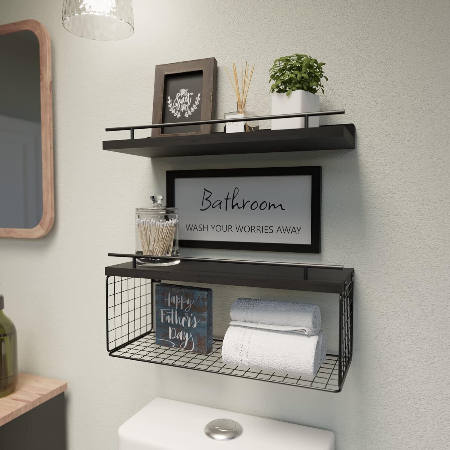 WOPITUES Floating Shelves with Bathroom Wall Décor Sign, Wood Floating Bathroom Shelves over Toilet with Toilet Paper Storage Basket Set of 3, Rustic Floating Shelf with Guardrail for Wall Décor\u2013Black - Image 2