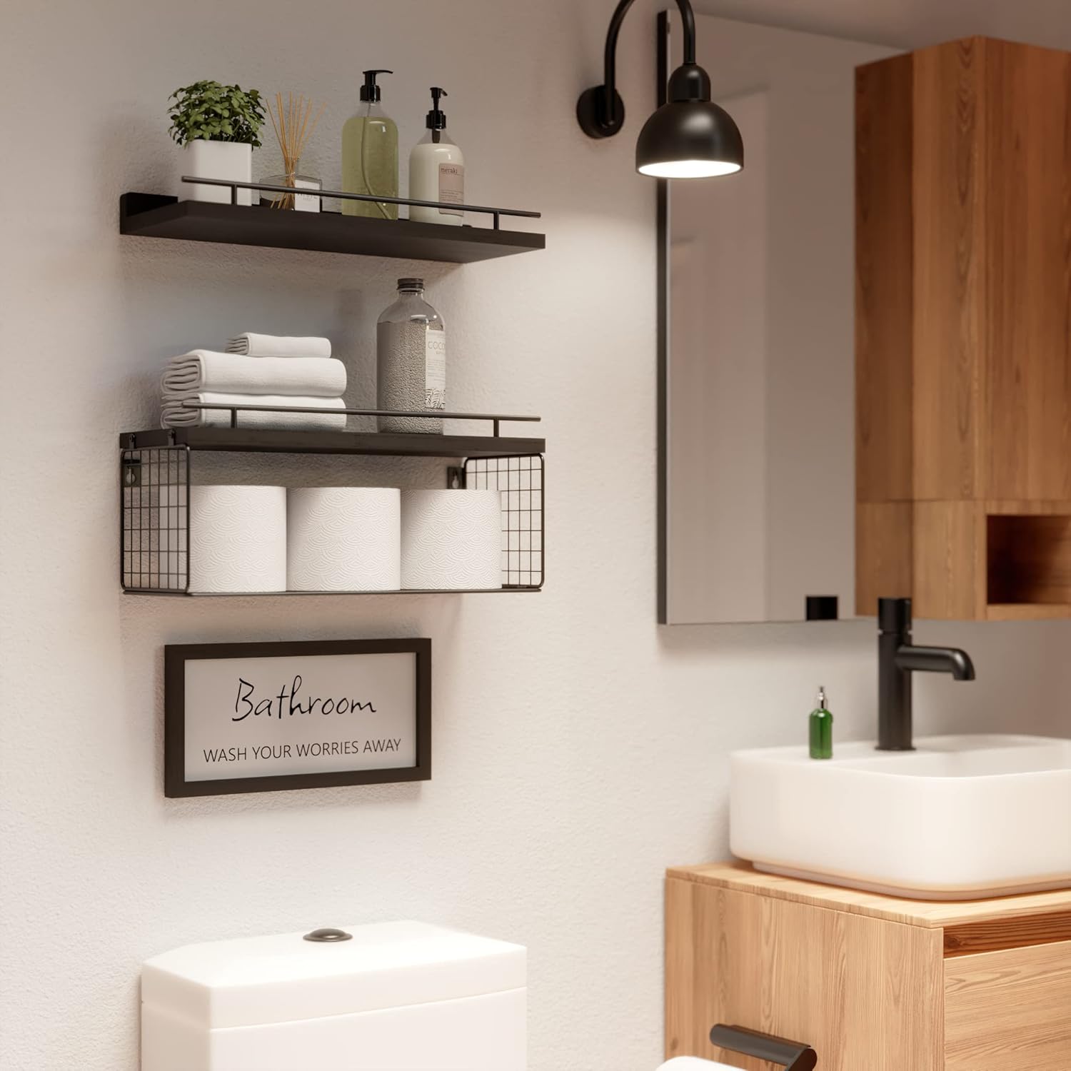 WOPITUES Floating Shelves with Bathroom Wall Décor Sign, Wood Floating Bathroom Shelves over Toilet with Toilet Paper Storage Basket Set of 3, Rustic Floating Shelf with Guardrail for Wall Décor\u2013Black - Image 7