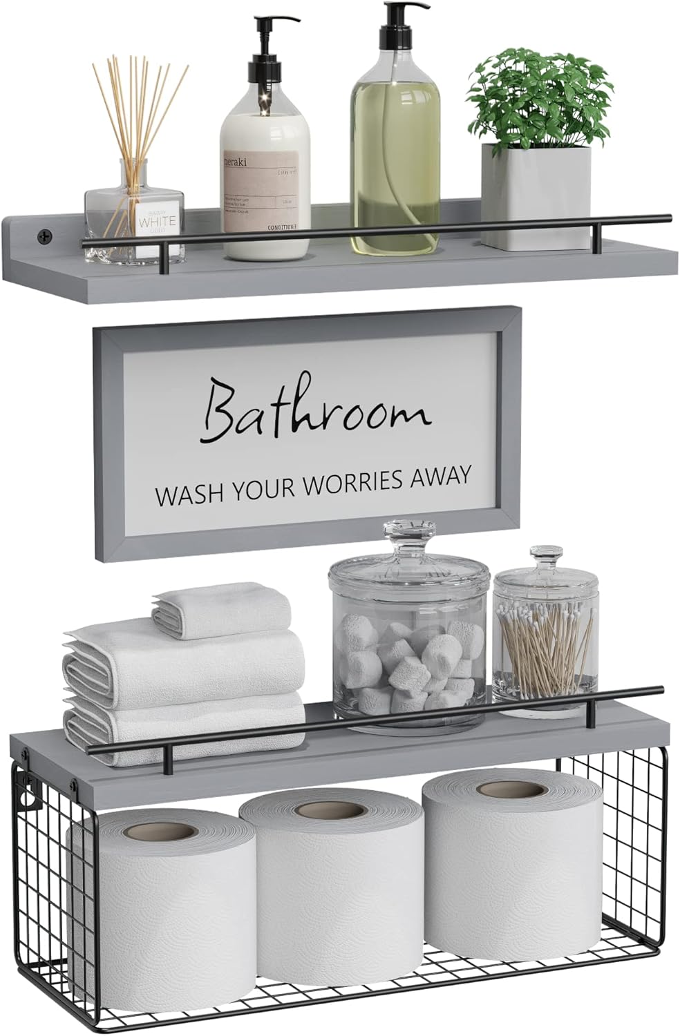 WOPITUES Floating Shelves with Bathroom Wall Décor Sign, Wood Floating Bathroom Shelves over Toilet with Toilet Paper Storage Basket Set of 3, Rustic Floating Shelf with Guardrail for Wall Décor\u2013Black - Image 8