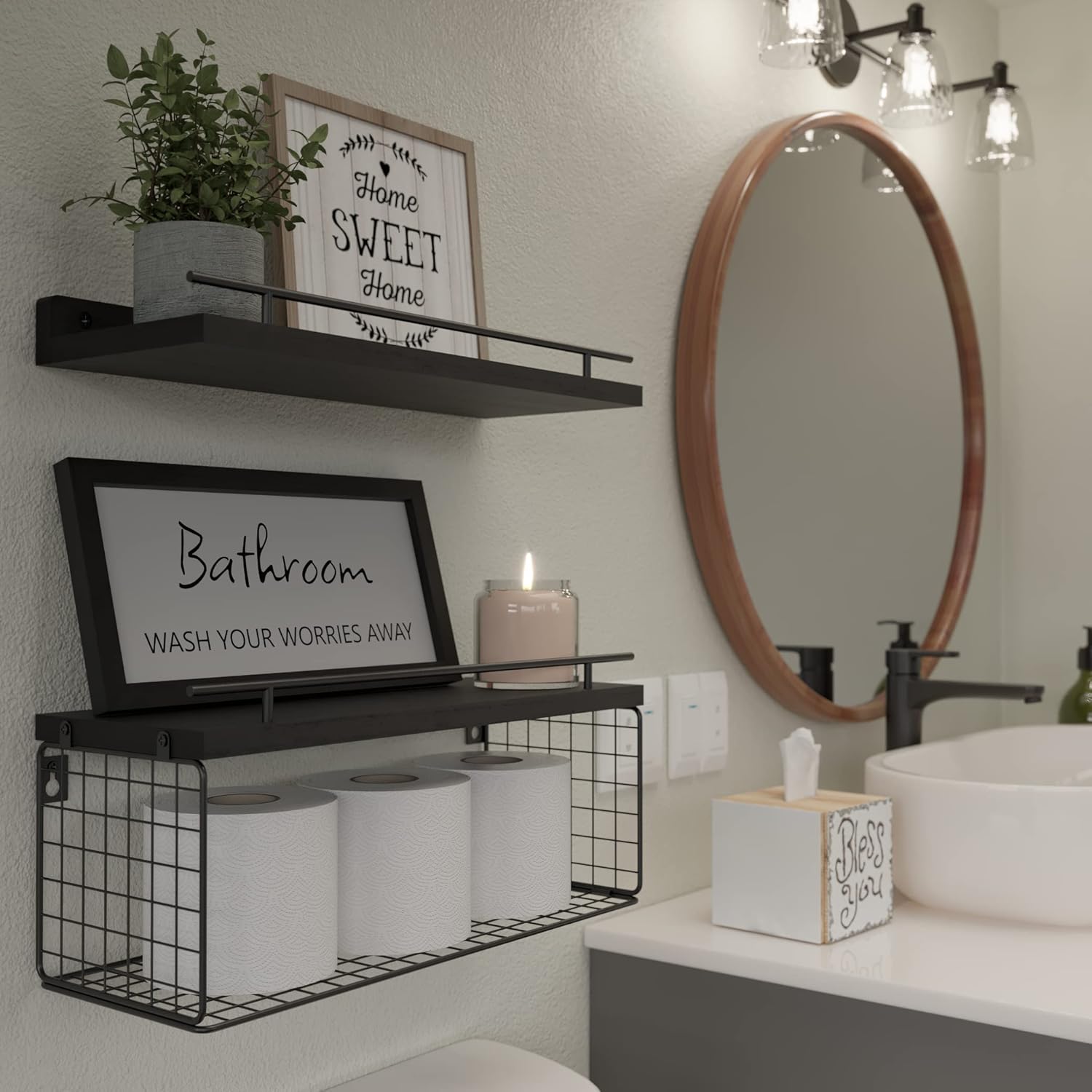 WOPITUES Floating Shelves with Bathroom Wall Décor Sign, Wood Floating Bathroom Shelves over Toilet with Toilet Paper Storage Basket Set of 3, Rustic Floating Shelf with Guardrail for Wall Décor\u2013Black - Image 5