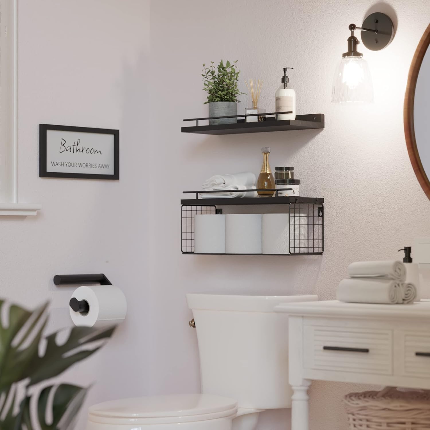 WOPITUES Floating Shelves with Bathroom Wall Décor Sign, Wood Floating Bathroom Shelves over Toilet with Toilet Paper Storage Basket Set of 3, Rustic Floating Shelf with Guardrail for Wall Décor\u2013Black - Image 6