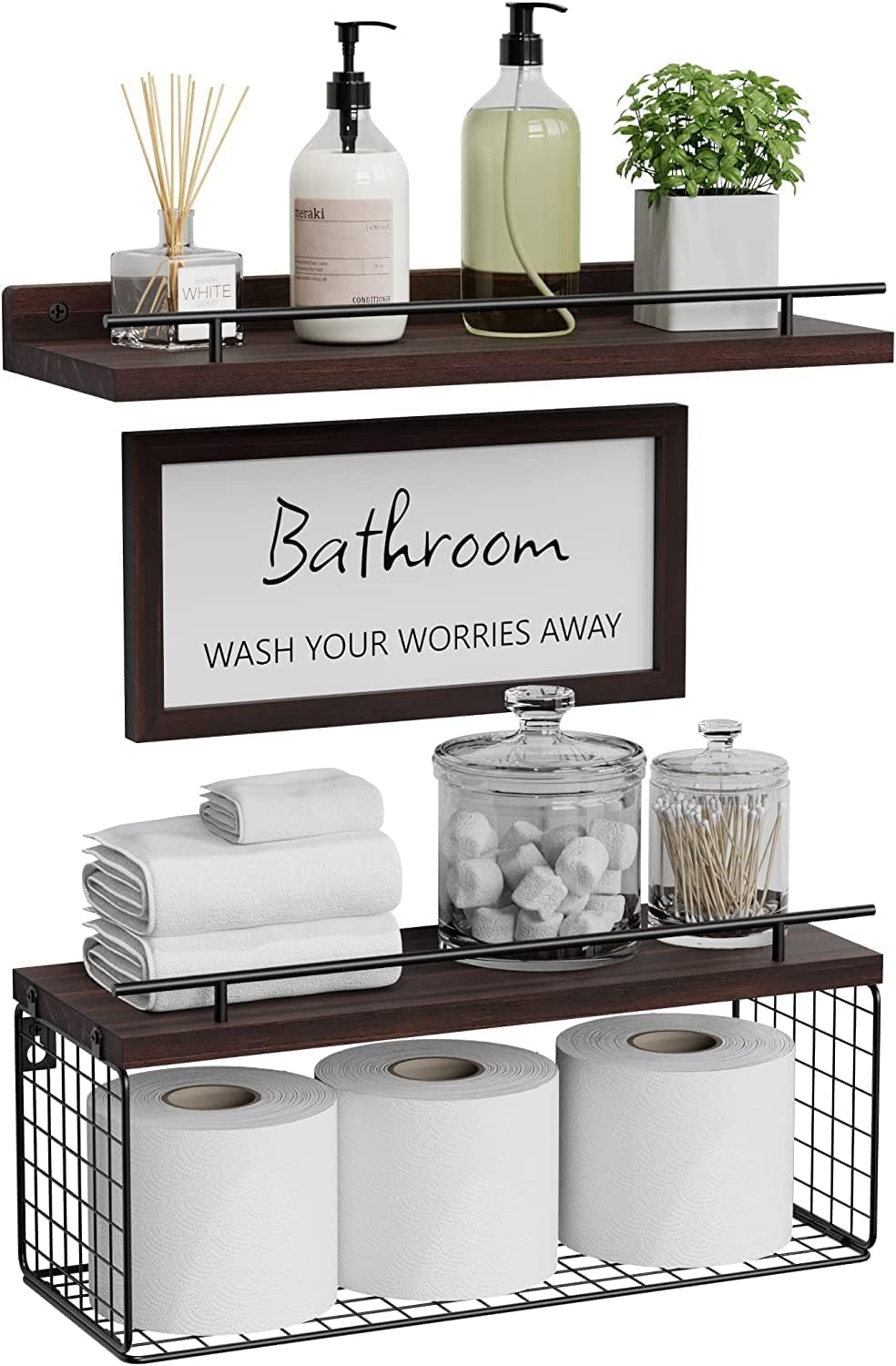 WOPITUES Floating Shelves with Bathroom Wall Décor Sign, Wood Floating Bathroom Shelves over Toilet with Toilet Paper Storage Basket Set of 3, Rustic Floating Shelf with Guardrail for Wall Décor\u2013Black - Image 10
