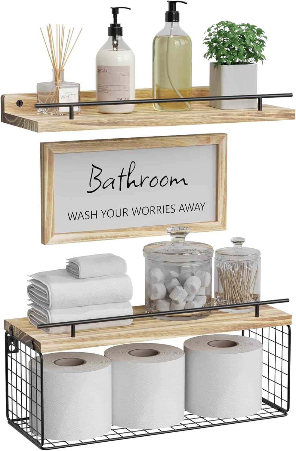 WOPITUES Floating Shelves with Bathroom Wall Décor Sign, Wood Floating Bathroom Shelves over Toilet with Toilet Paper Storage Basket Set of 3, Rustic Floating Shelf with Guardrail for Wall Décor\u2013Black - Image 9