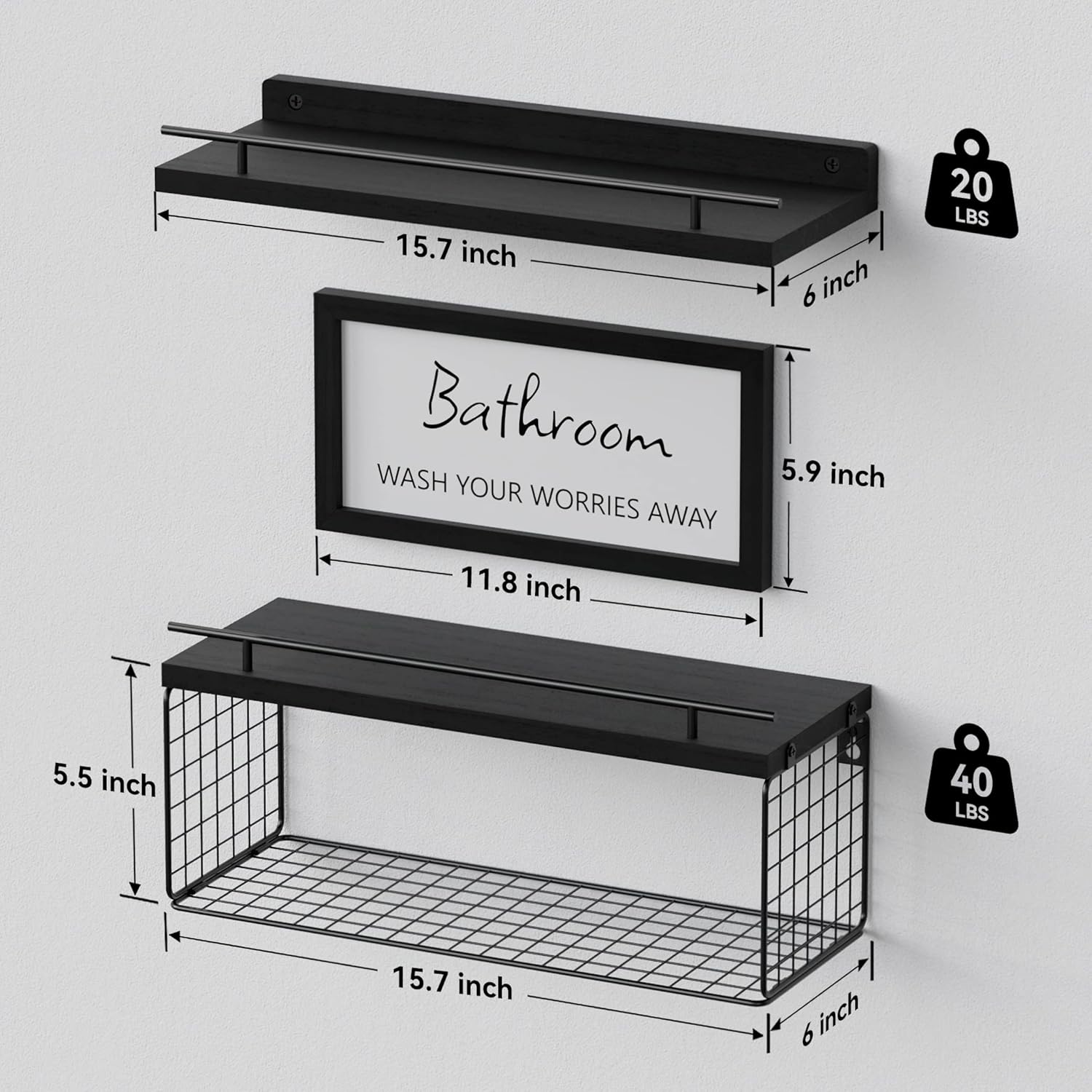 WOPITUES Floating Shelves with Bathroom Wall Décor Sign, Wood Floating Bathroom Shelves over Toilet with Toilet Paper Storage Basket Set of 3, Rustic Floating Shelf with Guardrail for Wall Décor\u2013Black - Image 3