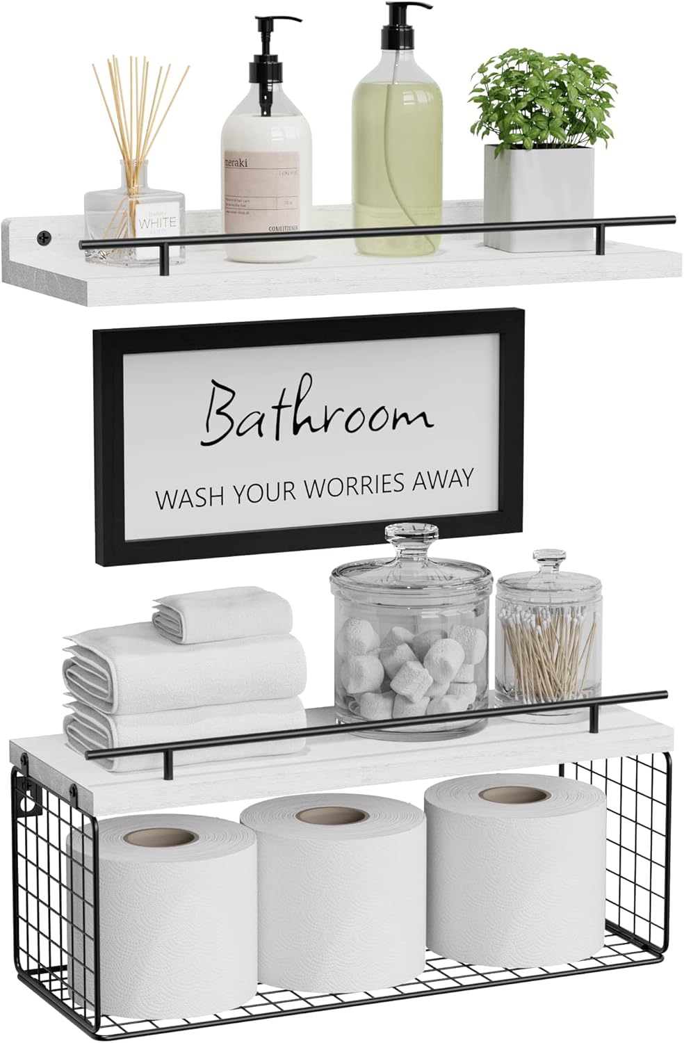 WOPITUES Floating Shelves with Bathroom Wall Décor Sign, Wood Floating Bathroom Shelves over Toilet with Toilet Paper Storage Basket Set of 3, Rustic Floating Shelf with Guardrail for Wall Décor\u2013Black - Image 11