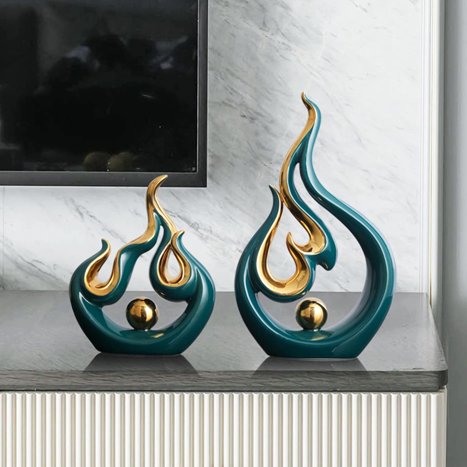 XIYOUQI Home Decor Accents Modern Art Ceramic Statue Abstract Flames Sculpture Table Decorations for Dining Room Living Room Office Kitchen Cabinets Shelf Centerpiece (Small, Green) - Image 5