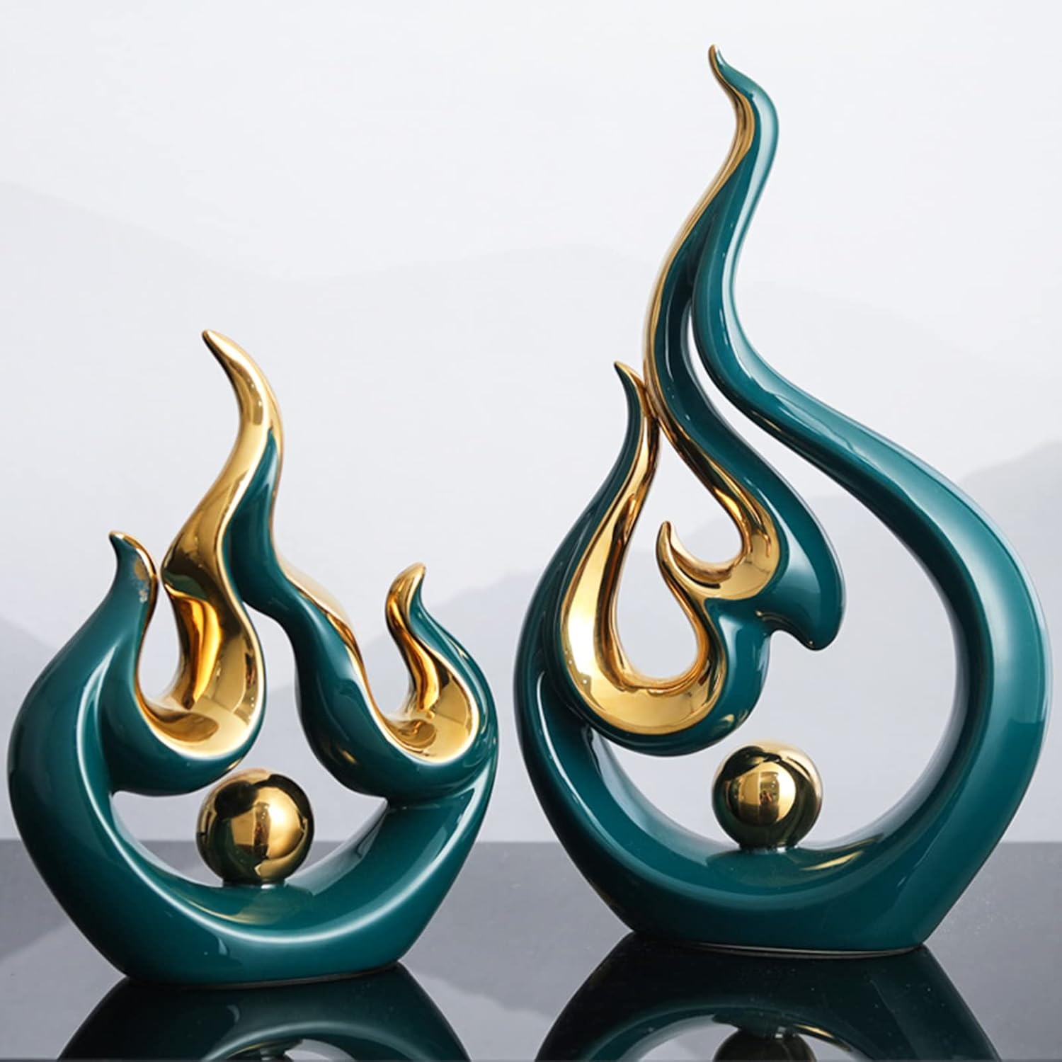XIYOUQI Home Decor Accents Modern Art Ceramic Statue Abstract Flames Sculpture Table Decorations for Dining Room Living Room Office Kitchen Cabinets Shelf Centerpiece (Small, Green) - Image 4