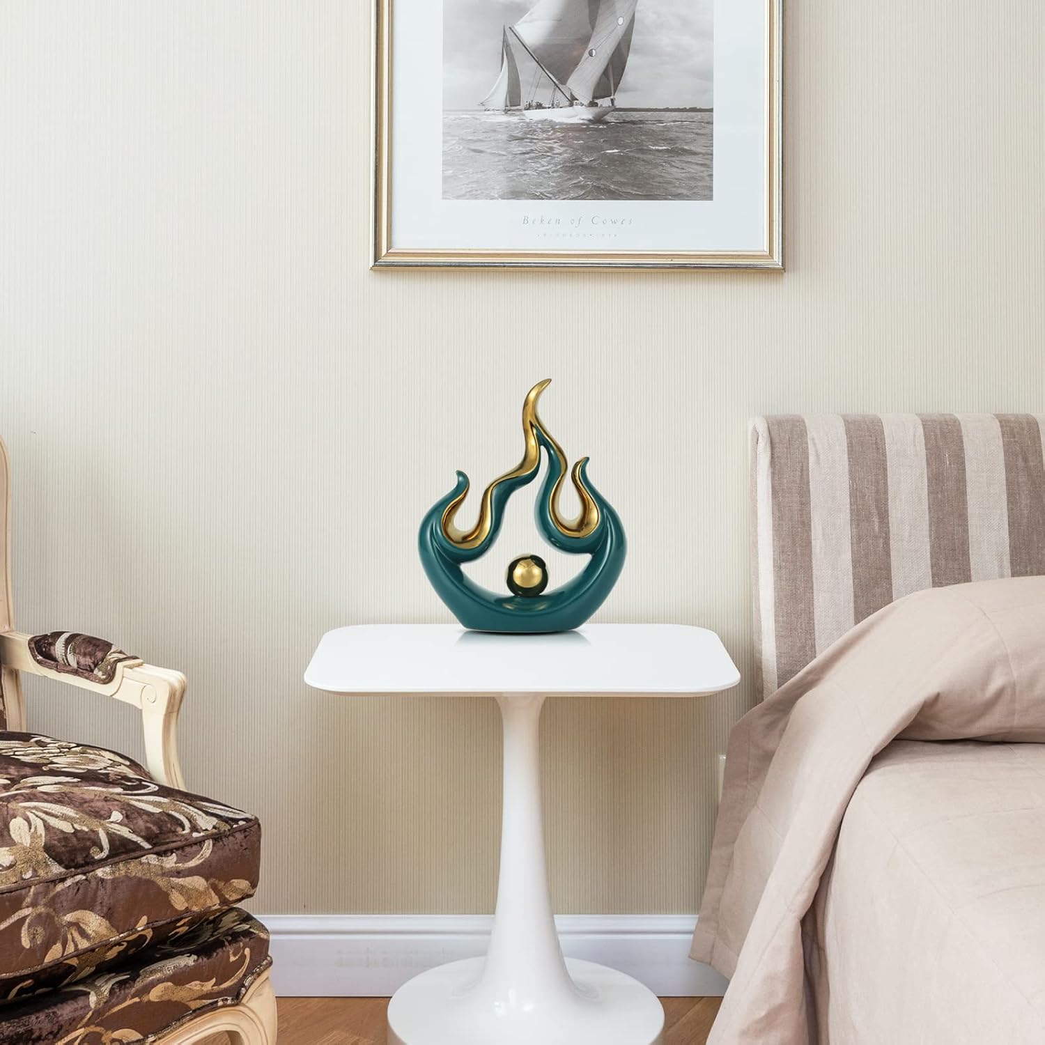 XIYOUQI Home Decor Accents Modern Art Ceramic Statue Abstract Flames Sculpture Table Decorations for Dining Room Living Room Office Kitchen Cabinets Shelf Centerpiece (Small, Green) - Image 3