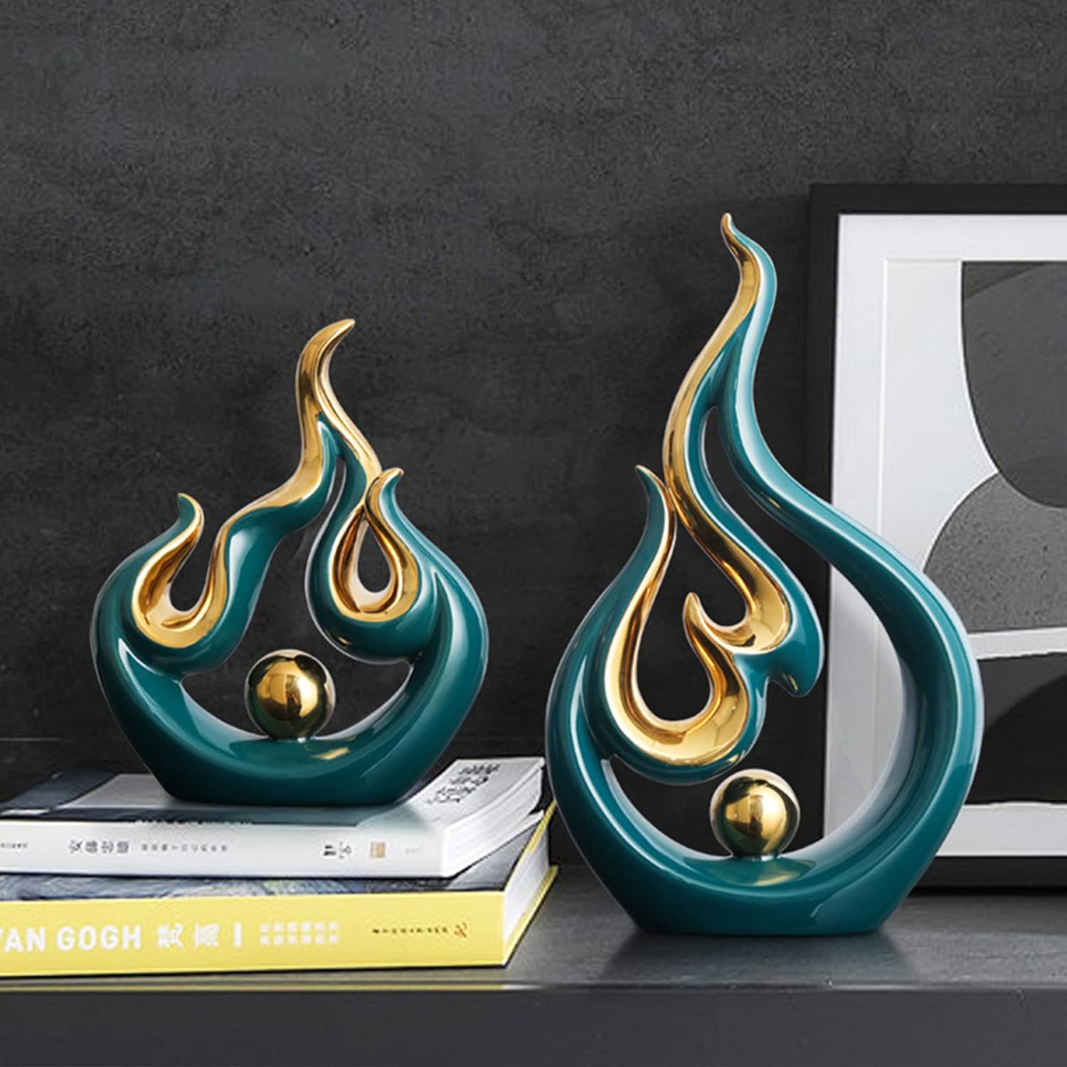 XIYOUQI Home Decor Accents Modern Art Ceramic Statue Abstract Flames Sculpture Table Decorations for Dining Room Living Room Office Kitchen Cabinets Shelf Centerpiece (Small, Green) - Image 6