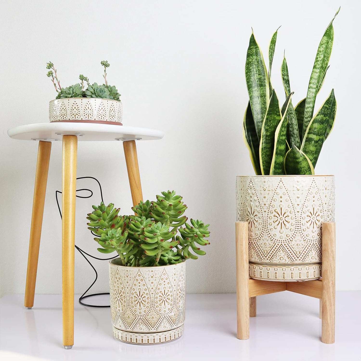 YFFSRJDJ 8 Inch Plant Pot with Stand, Ceramic Planter with Drainage Holes, Saucers and Mesh Pads for Indoor-Outdoor Plants - Image 3