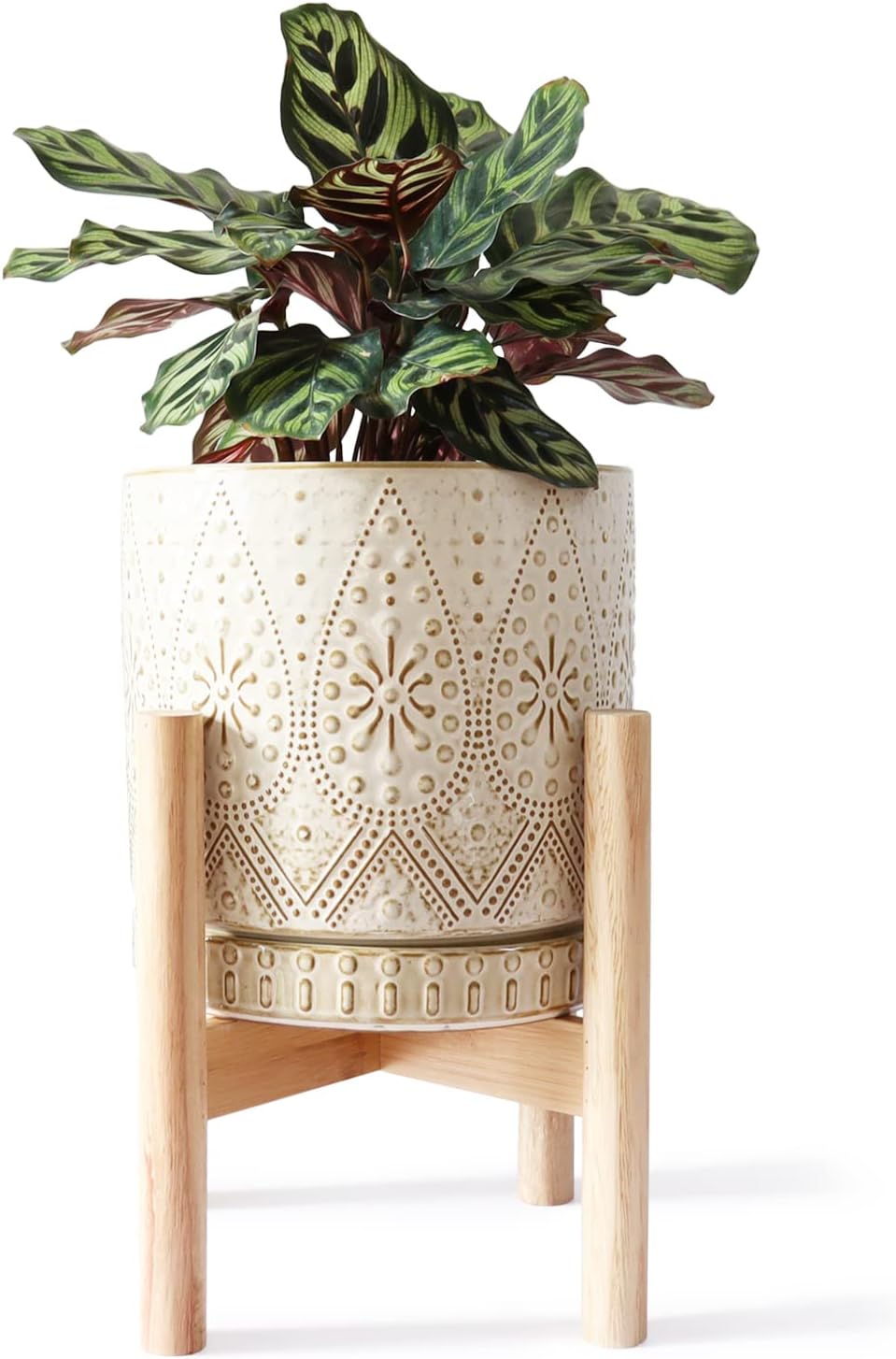 YFFSRJDJ 8 Inch Plant Pot with Stand, Ceramic Planter with Drainage Holes, Saucers and Mesh Pads for Indoor-Outdoor Plants