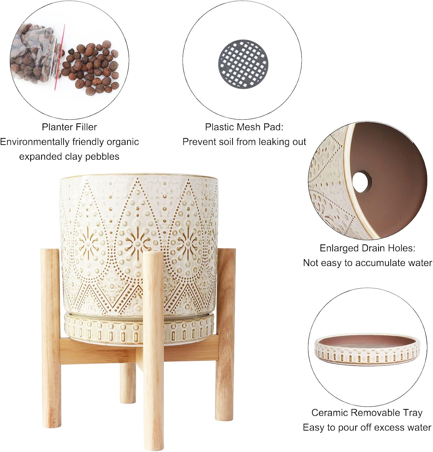 YFFSRJDJ 8 Inch Plant Pot with Stand, Ceramic Planter with Drainage Holes, Saucers and Mesh Pads for Indoor-Outdoor Plants - Image 4